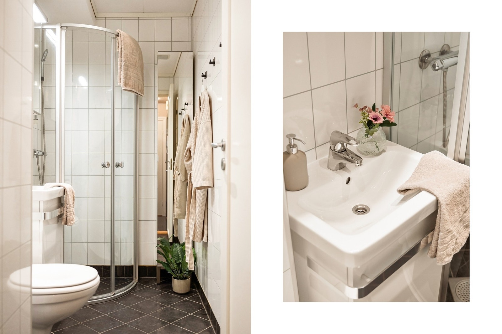 Dusjhjørne, innredning med nedfelt servant og vegghengt toalett. Galleribilde