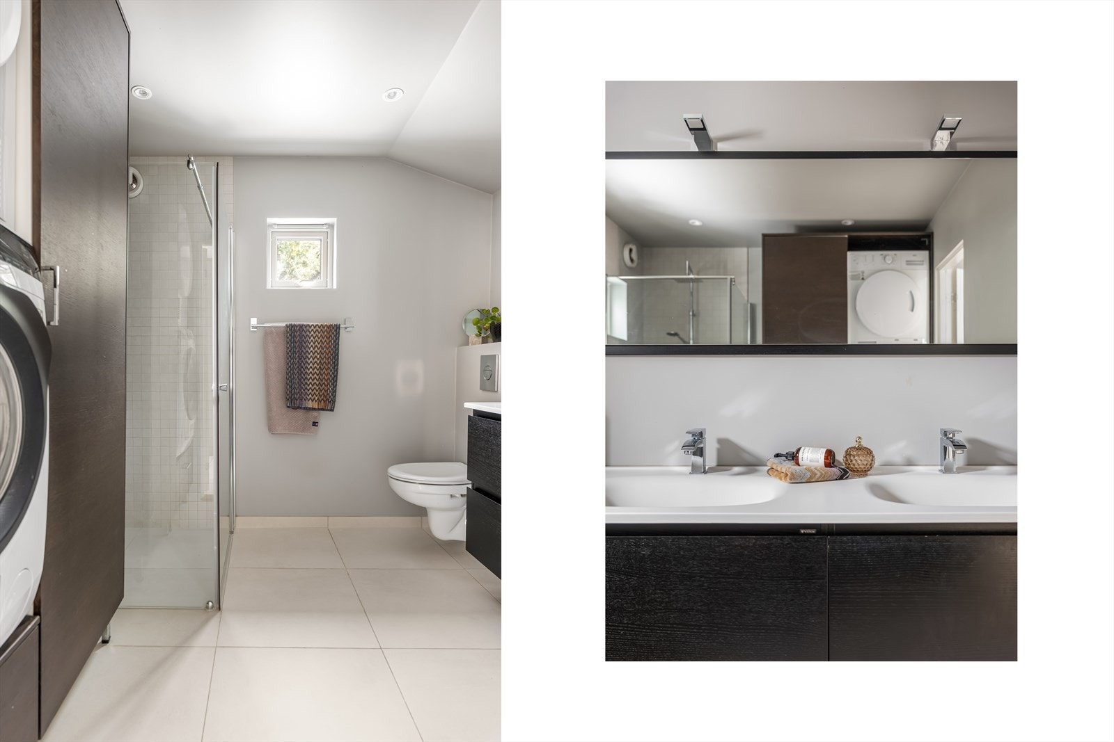 Innredningen fra VEDUM inkluderer en heldekkende dobbel servant og en praktisk garderobeløsning med opplegg for vaskemaskin og tørketrommel. Galleribilde