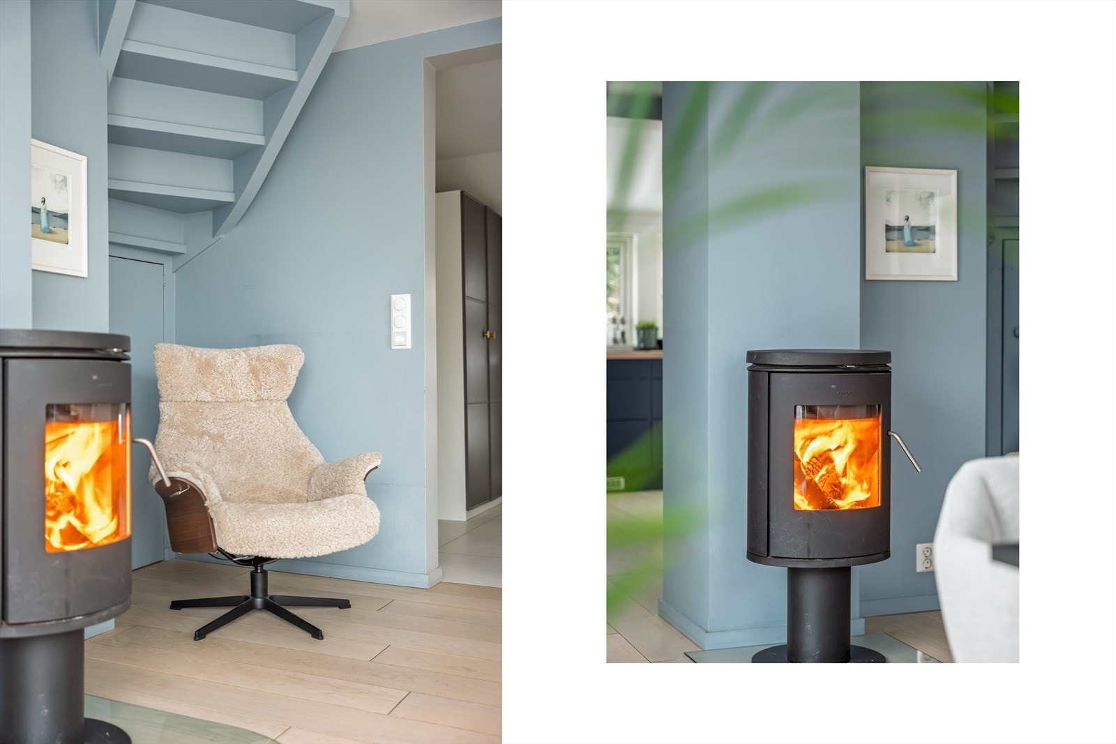 En sentralt plassert vedovn i stuen gir ekstra varme og hygge. Galleribilde