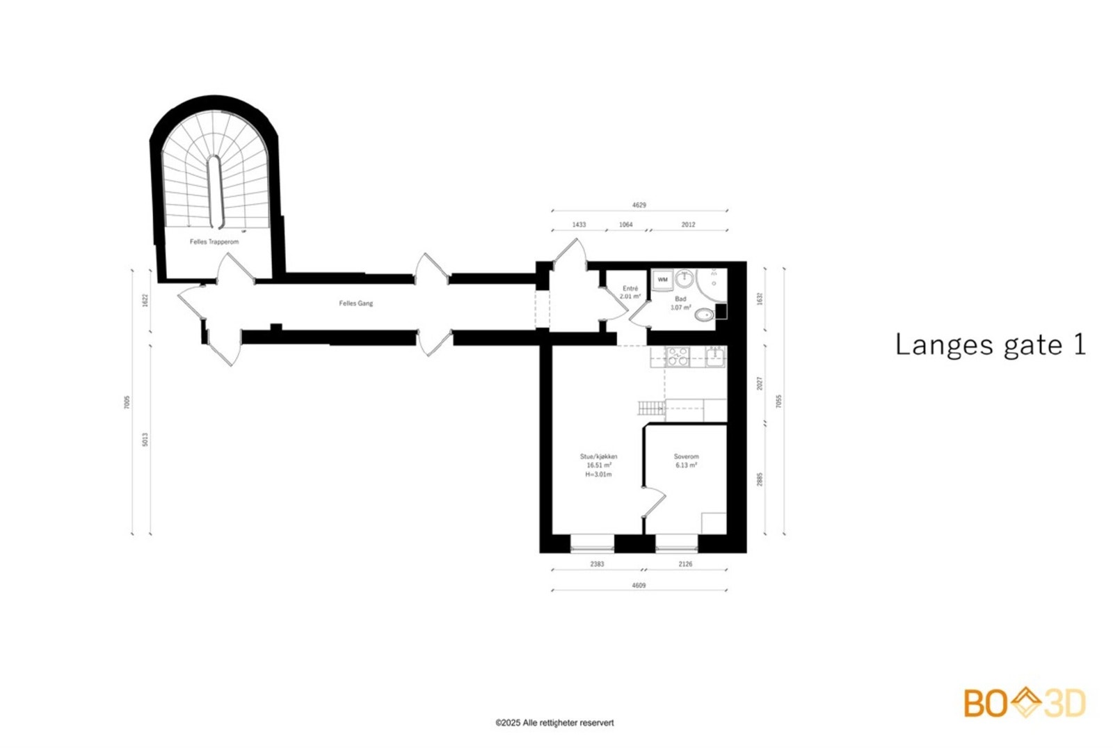 Planskisse over tilsvarende leilighet en etasje over. Vi gjør oppmerksom på at avvik kan forekomme, da det ikke er gjort egen oppmåling av denne leiligheten. Galleribilde