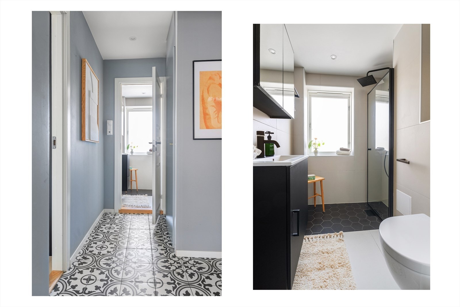 Baderommet ble modernisert i 2020 med flis-på-flis, og har et moderne uttrykk. Galleribilde