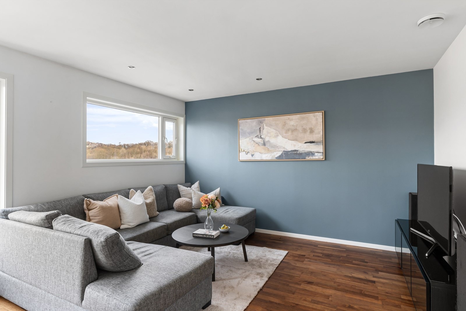 Plass til stor sofa ved TV-kroken. Galleribilde