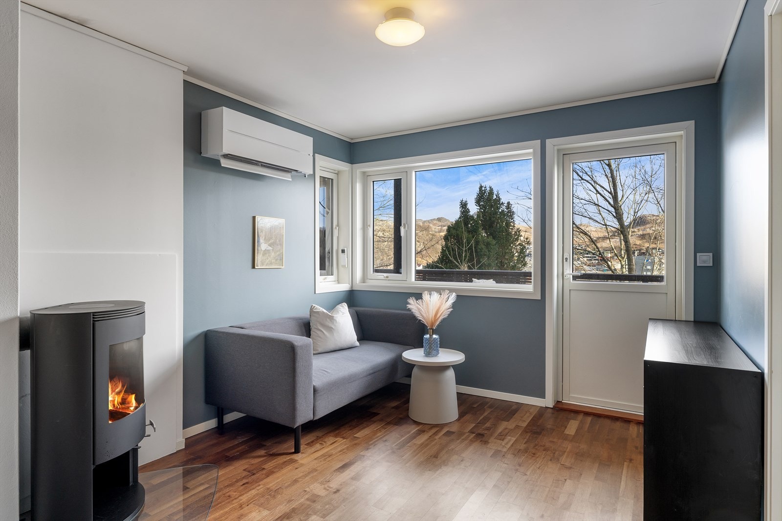 Stue med dør ut til terrasse. Varmepumpe montert. Galleribilde