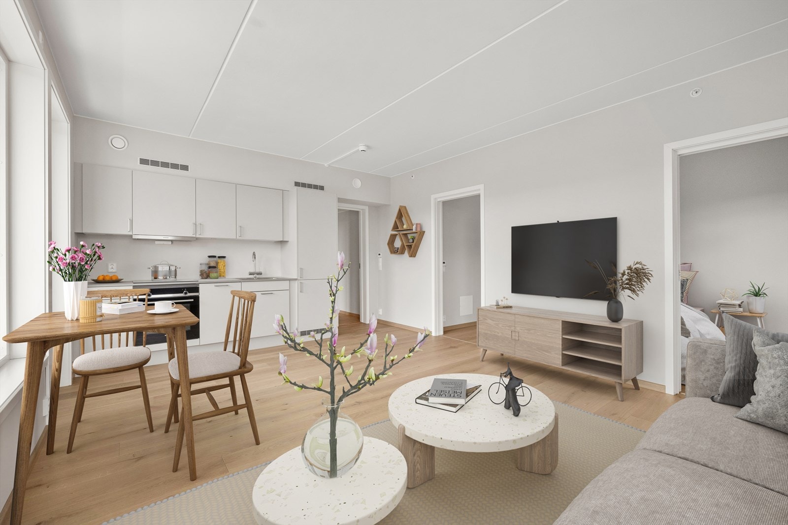 Lys stue med åpen kjøkkenløsning og fleksible møbleringsmuligheter. Digitalt stylet. Galleribilde