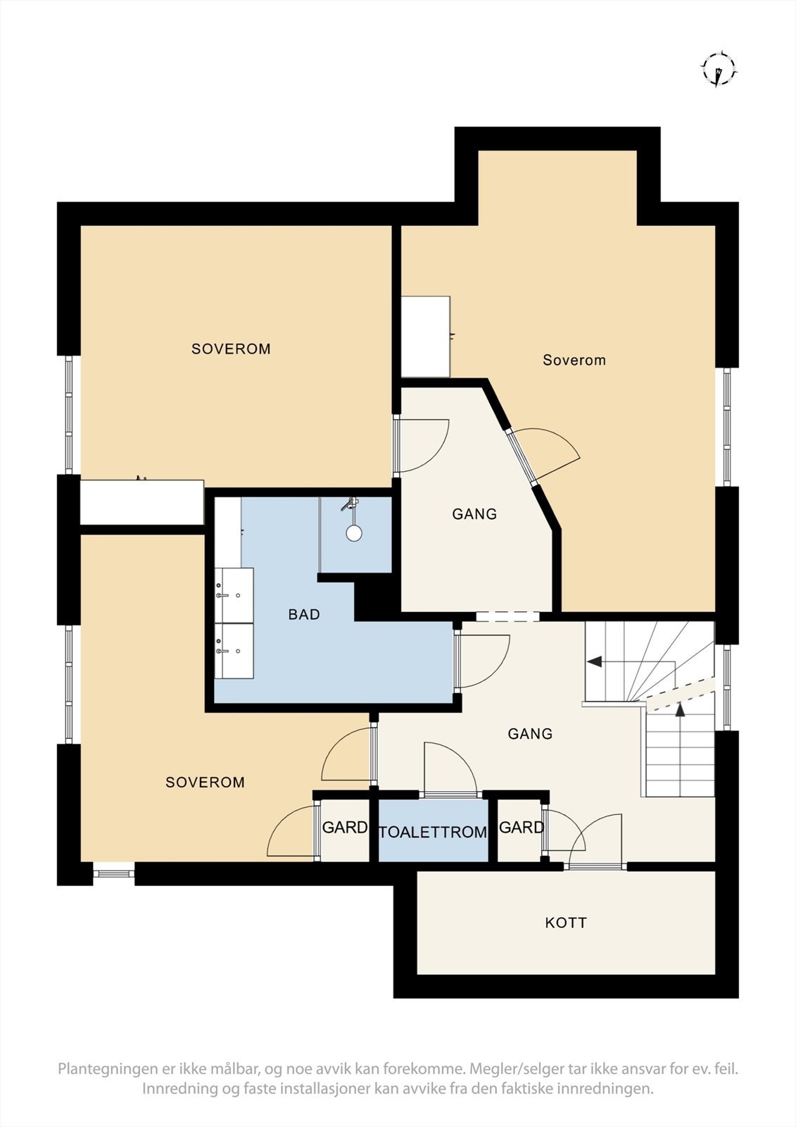 Andre etasje inneholder tre soverom, bad og et separat toalettrom. Galleribilde