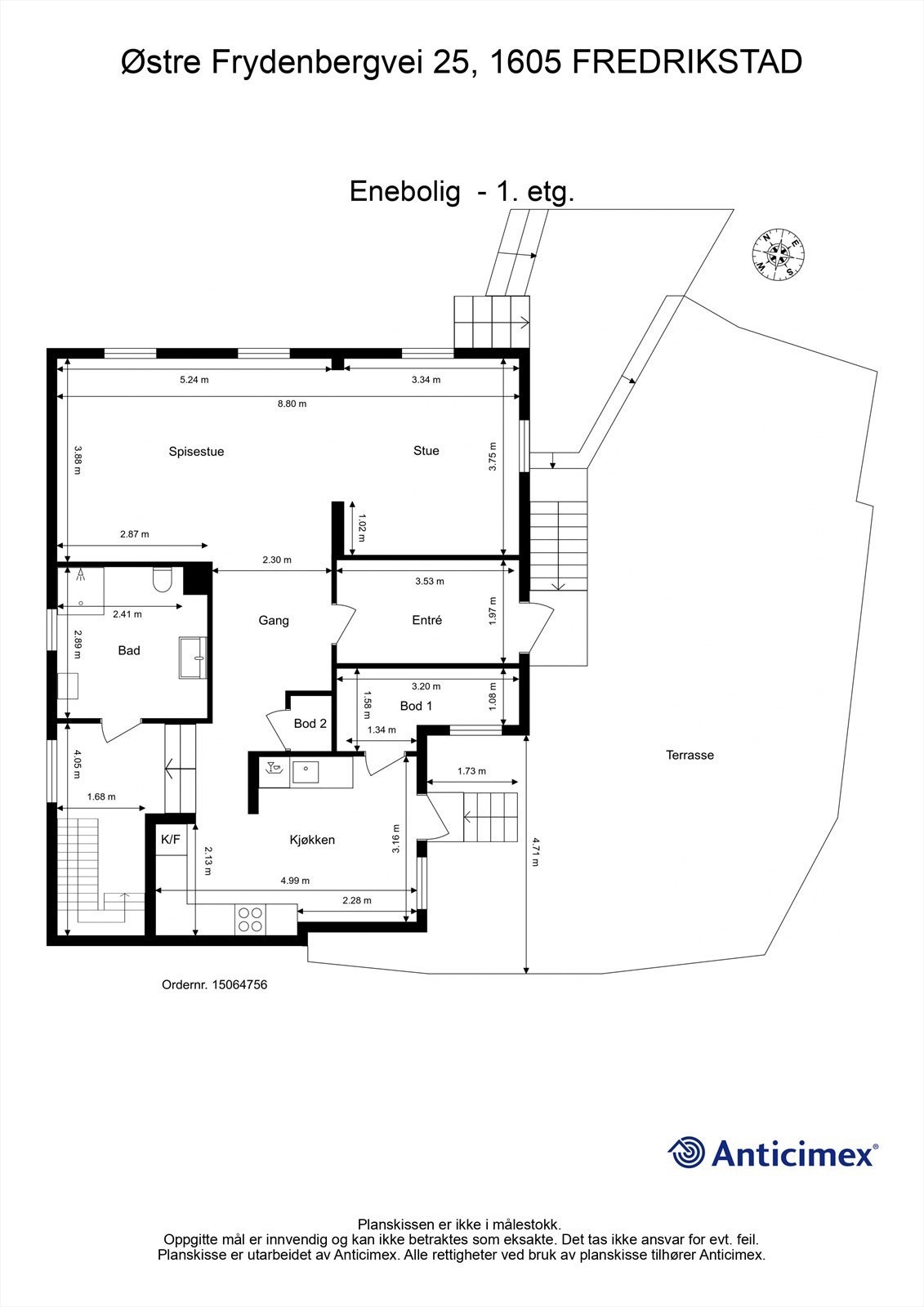 Veiledende skisse av første etasje. Del av stuen er nå adskilt og tatt i bruk som soverom - uten å være godkjent dette. Galleribilde