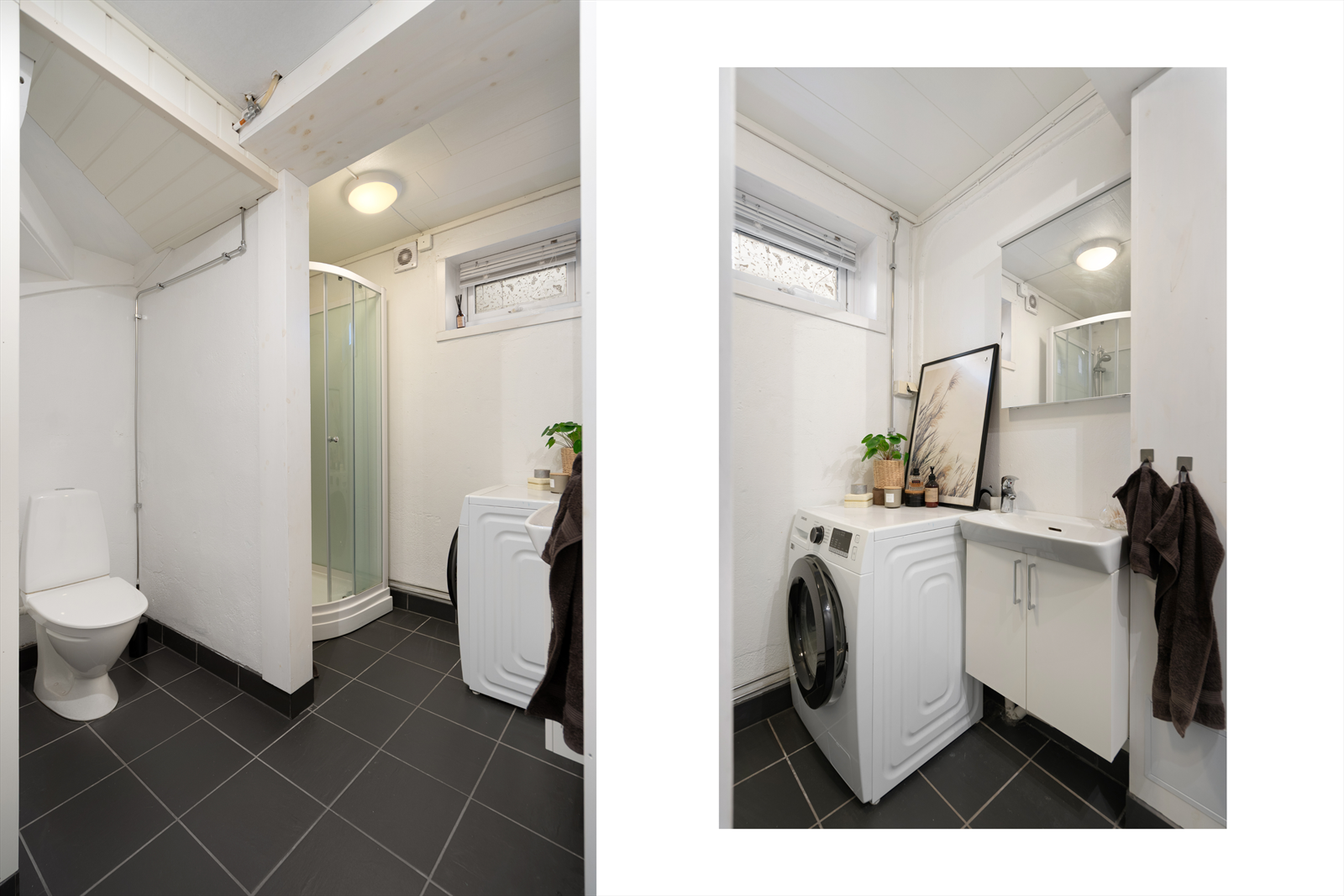 Badet har flislagt gulv med opplegg for vaskemaskin Galleribilde