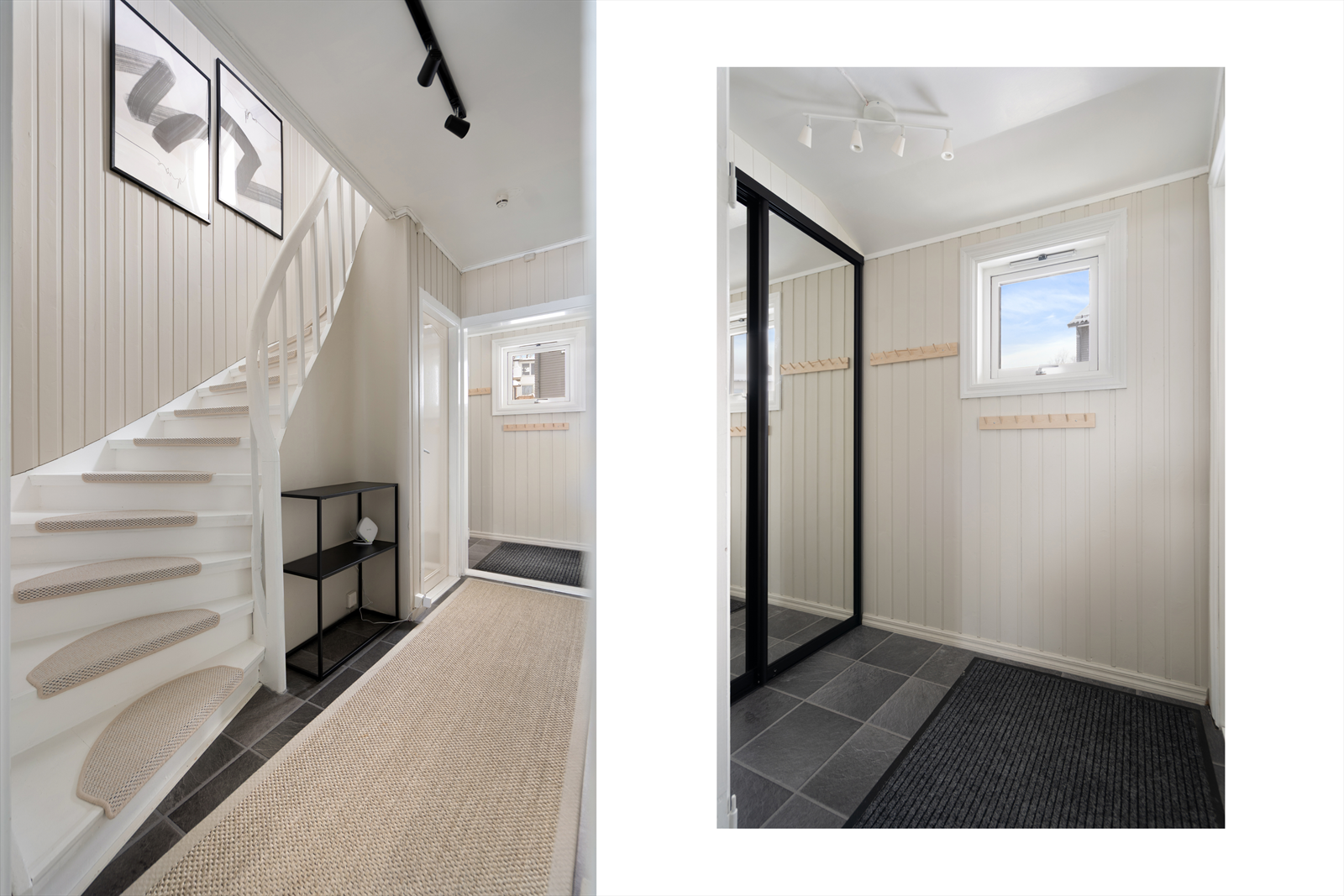 Velkommen inn! Forbi inngangsdøren ankommer man entré og gang. Entréen er utstyrt med praktisk skyvedørsgarderobe og knaggrekke Galleribilde