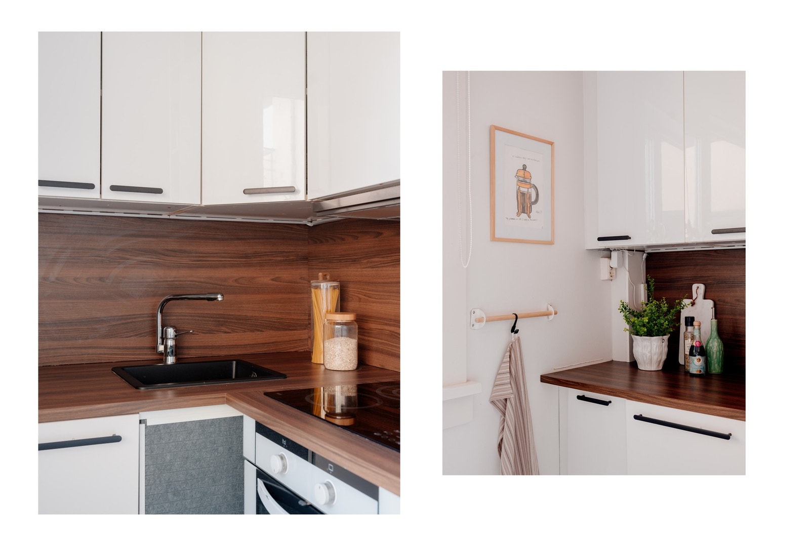 Benkeplate i laminat med toppmontert vask og ettgreps kjøkkenarmatur. Mellom benkeplate og overskap er det laminatplate. Kjøkkenet har avtrekk med kullfilter. Galleribilde