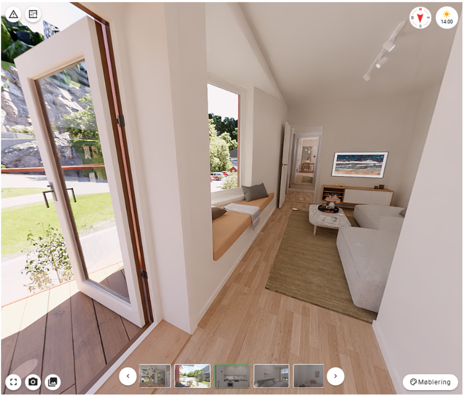 Legg merke til den plassbygde benken - bildet er en illustrasjon av leiligheten Galleribilde