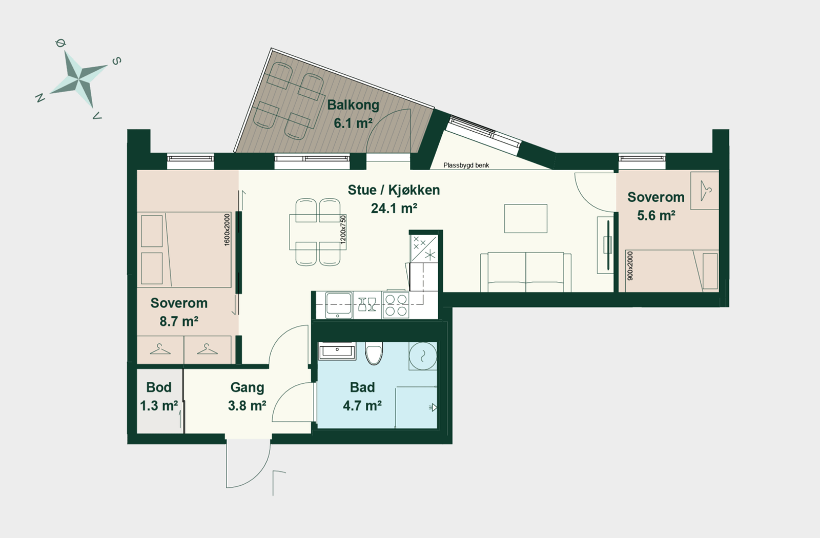 Effektiv 3-roms leilighet med egen sone for stue og kjøkken, 2 soverom, entre, bad og balkong Galleribilde