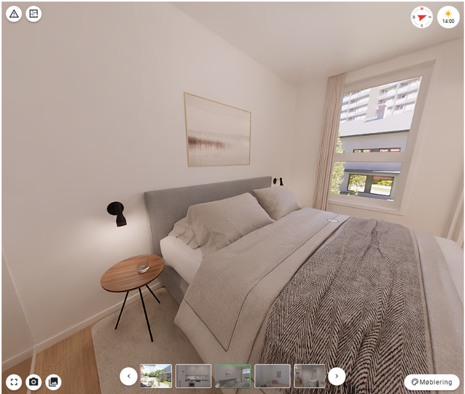 Hovedsoverom med dør på hver side. Plass til større dobbelseng og skyvedørsgarderobe - bildet er en illustrasjon av leiligheten Galleribilde