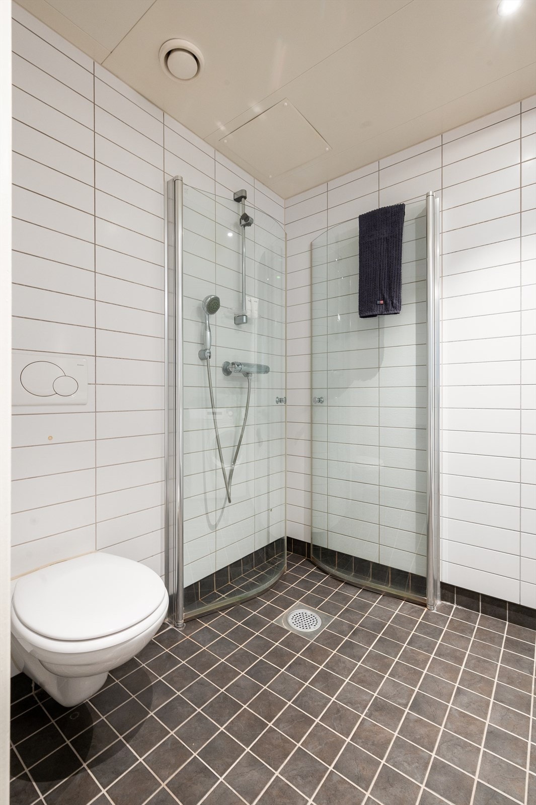 Dusjhjørne med svingbare glassdører og vegghengt toalett. Galleribilde