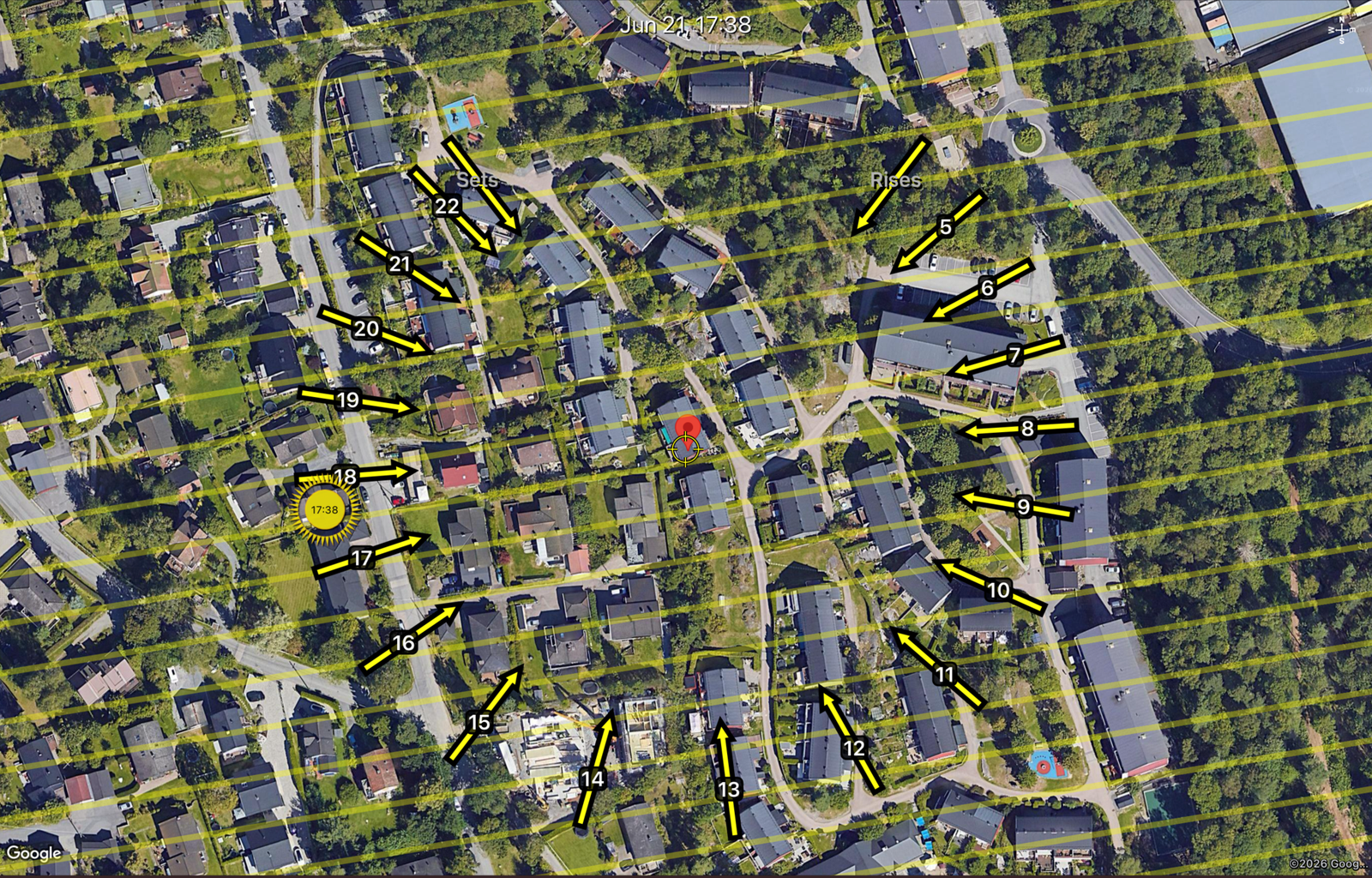 Soldiagram pr. 21. juni, gir en god indikasjon på eiendommens flotte solforhold. Galleribilde