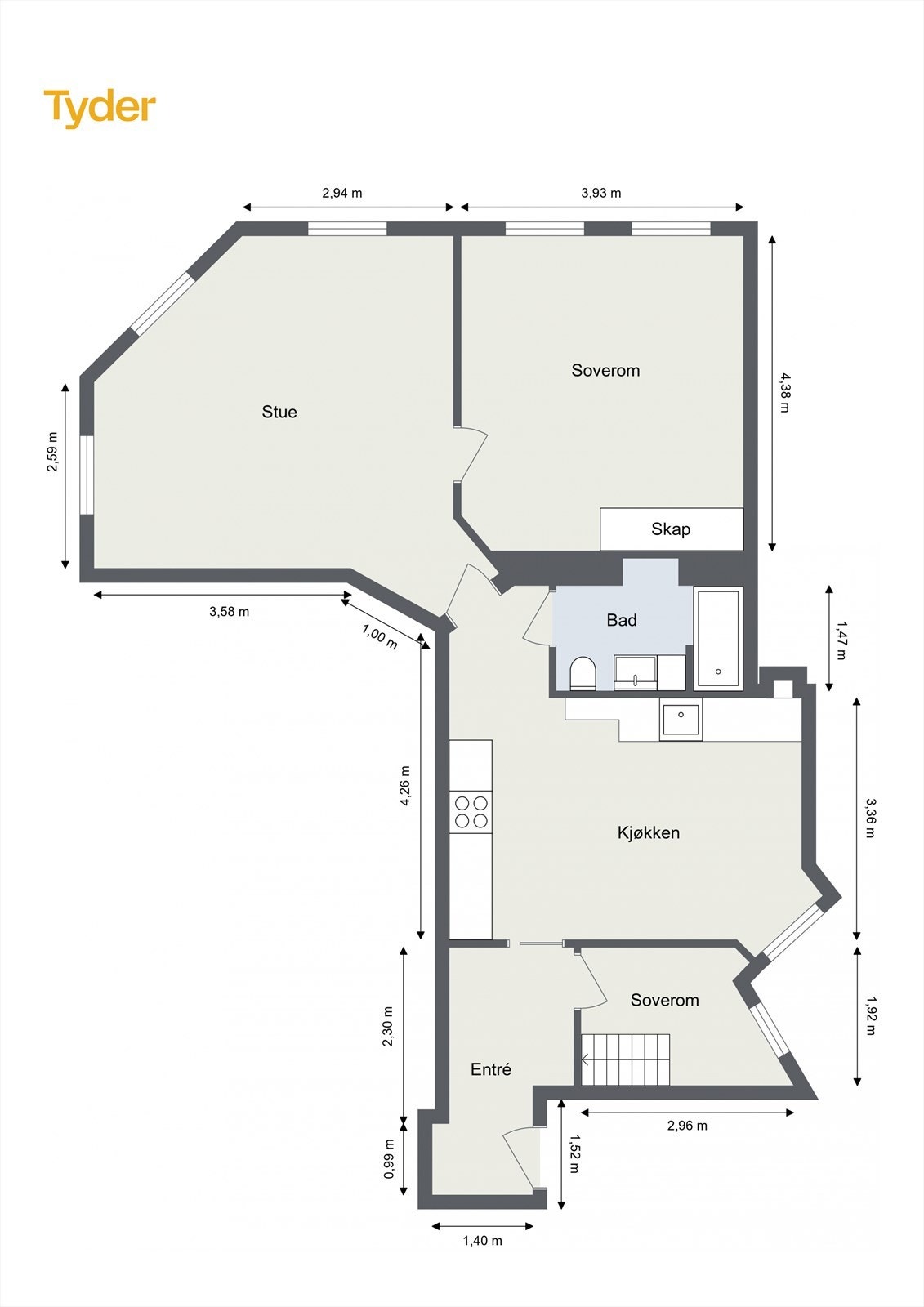 Plantegning. Boligen disponerer også to ekstern boder i kjeller. En på 6 kvm og en ikke måleverdig pga lav takhøyde. Galleribilde