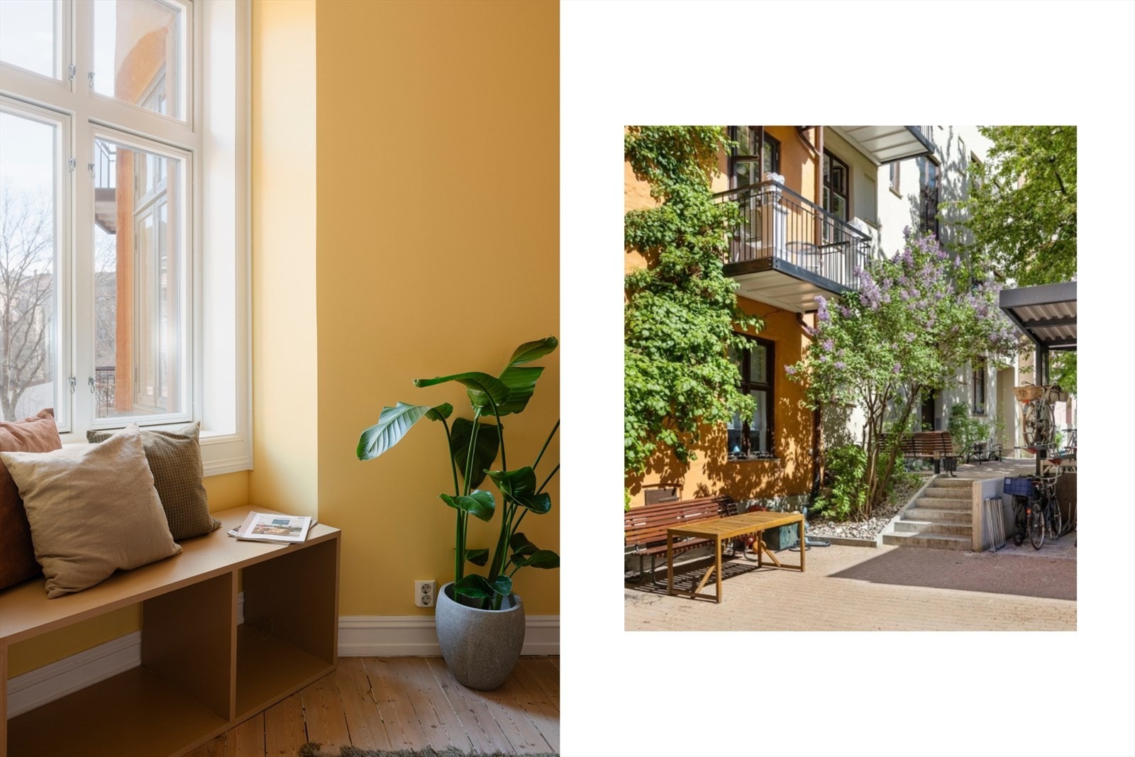 Langs vinduet er det plassert en praktisk sittebenk som vender ut mot bakgården. Her blir omgivelsene utenfor invitert inn i boligen, og gir deg en unik og frodig opplevelse av årstidene. Galleribilde