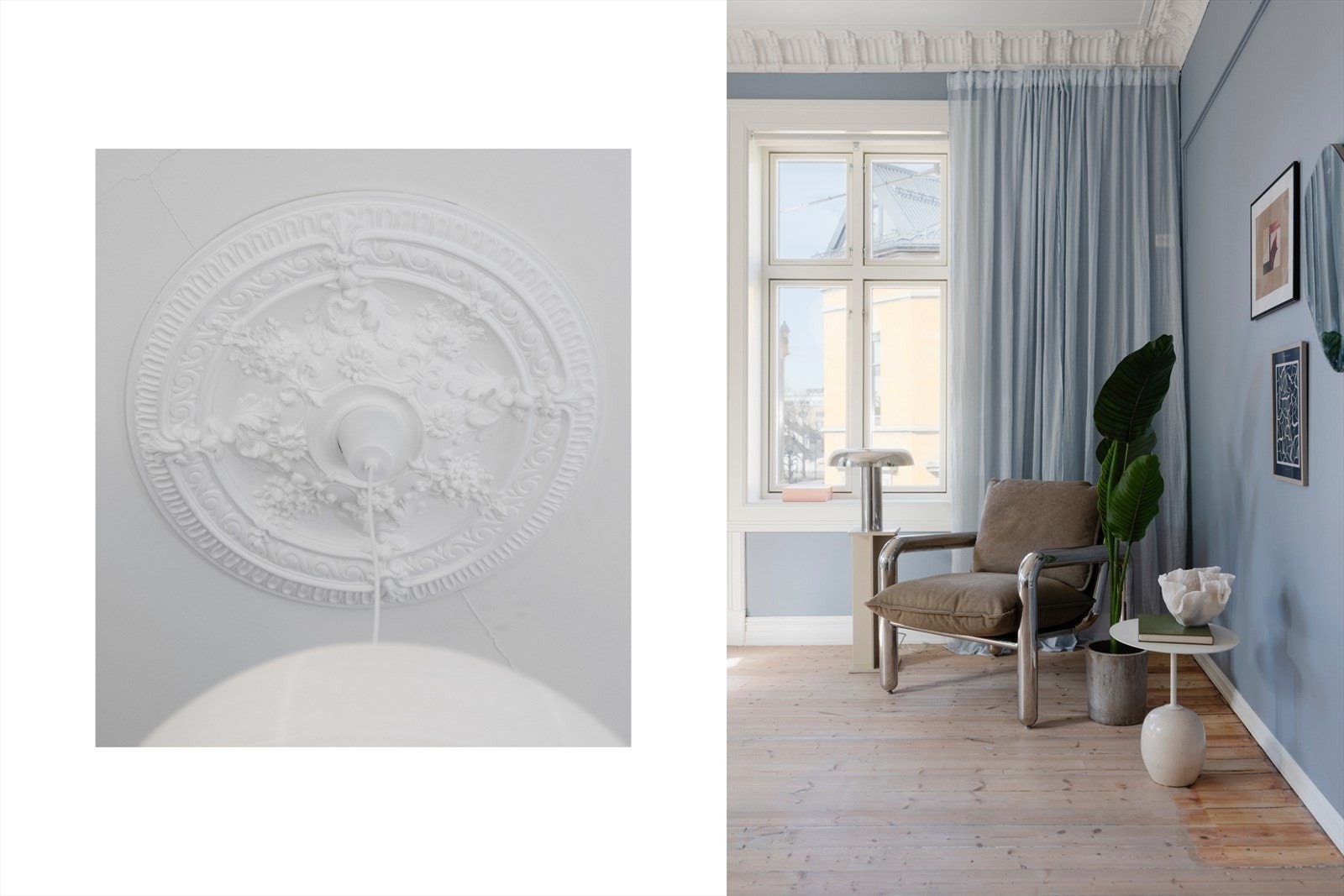 Klassiske elementer som stukkatur, tregulv, teglstein og rosett er pent bevart, og tilfører leiligheten en perfekt dose sjarm og sjel. Galleribilde