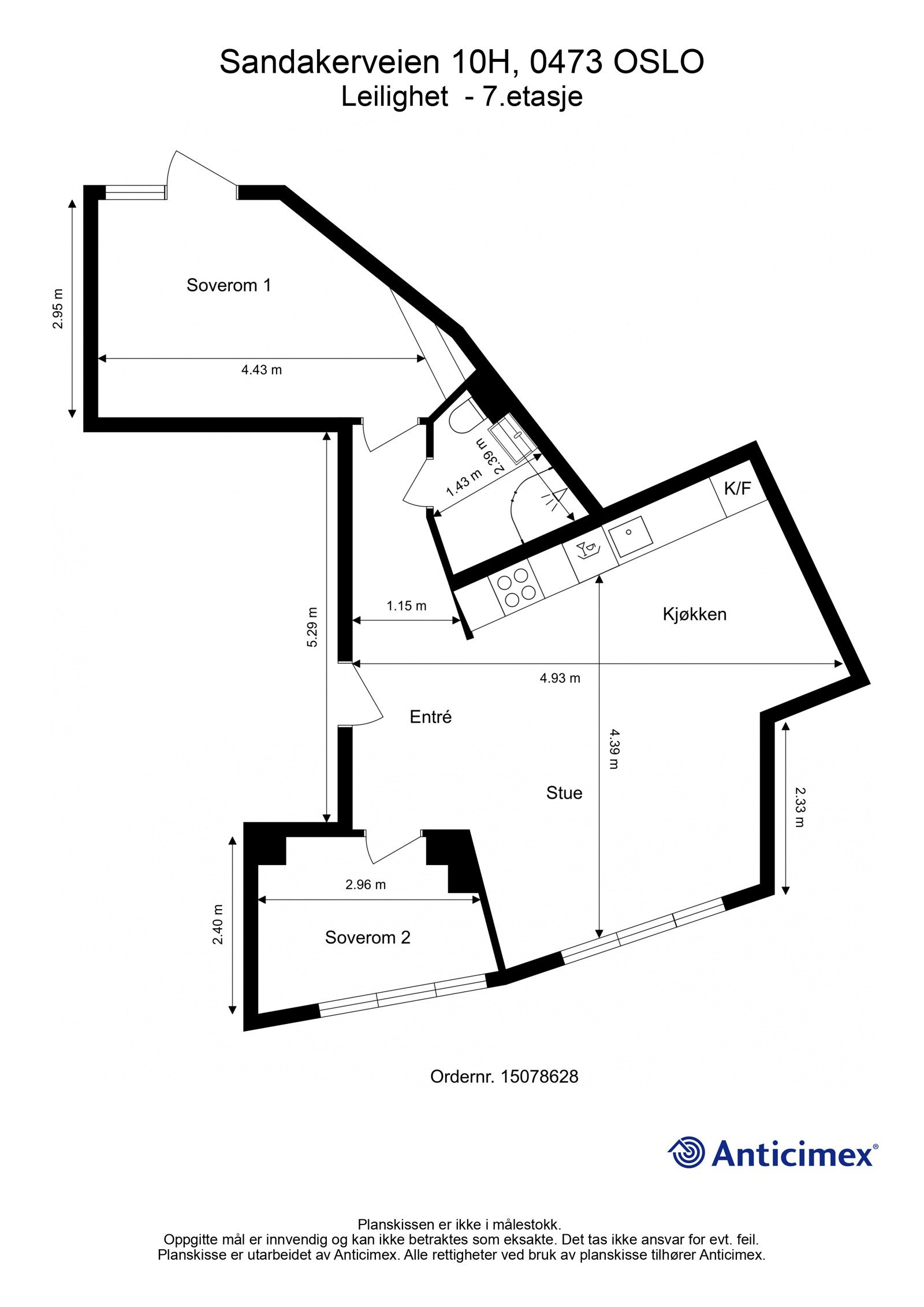 Plantegning. I tillegg disponerer leiligheten en loftsbod på 3 kvm og en kjellerbod på 2 kvm. Galleribilde