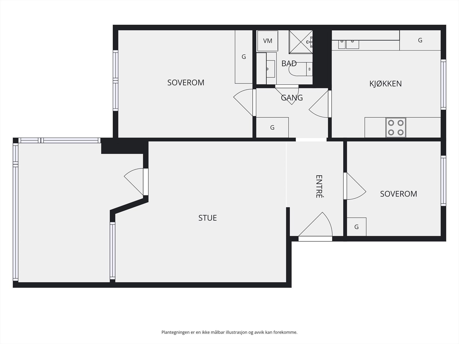 Plantegning. I tillegg disponerer leiligheten en kjellerbod på 5m² og en loftsbod på 5m² (gulvareal på 10m²). Galleribilde