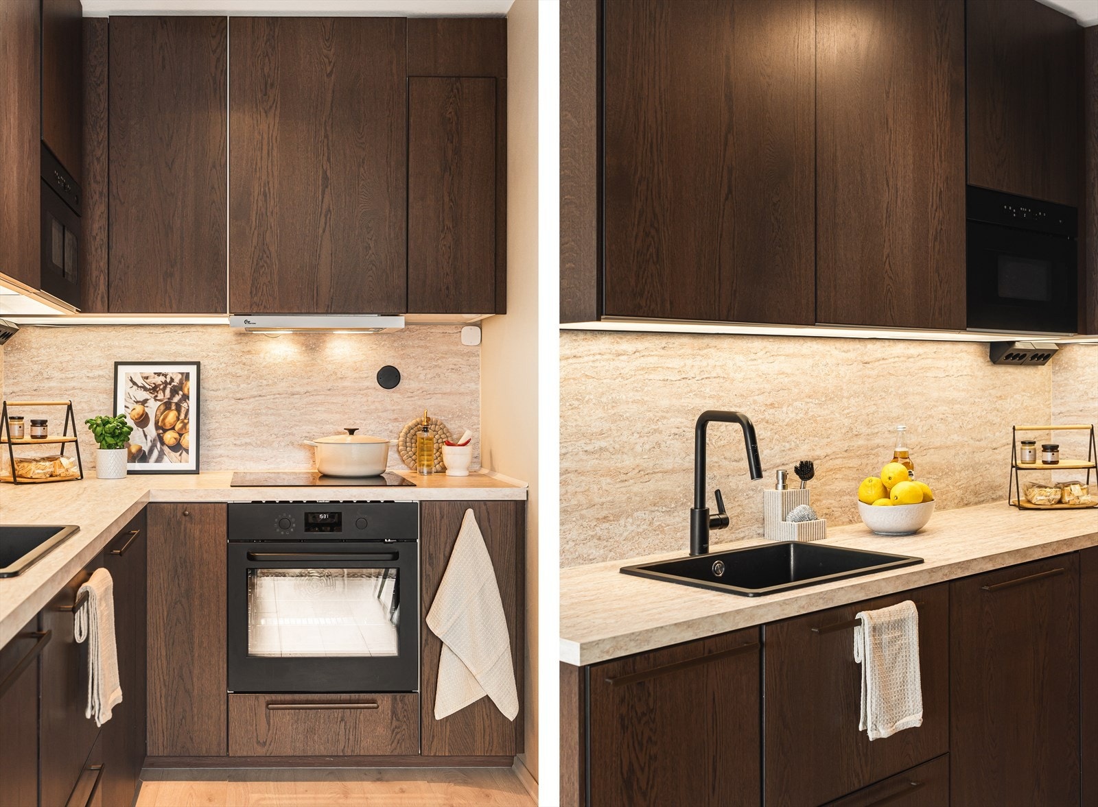 Overflatene består av innredning med glatte fronter og benkeplate av laminat. Det er også skvettplate på vegg over benkeplate. Galleribilde