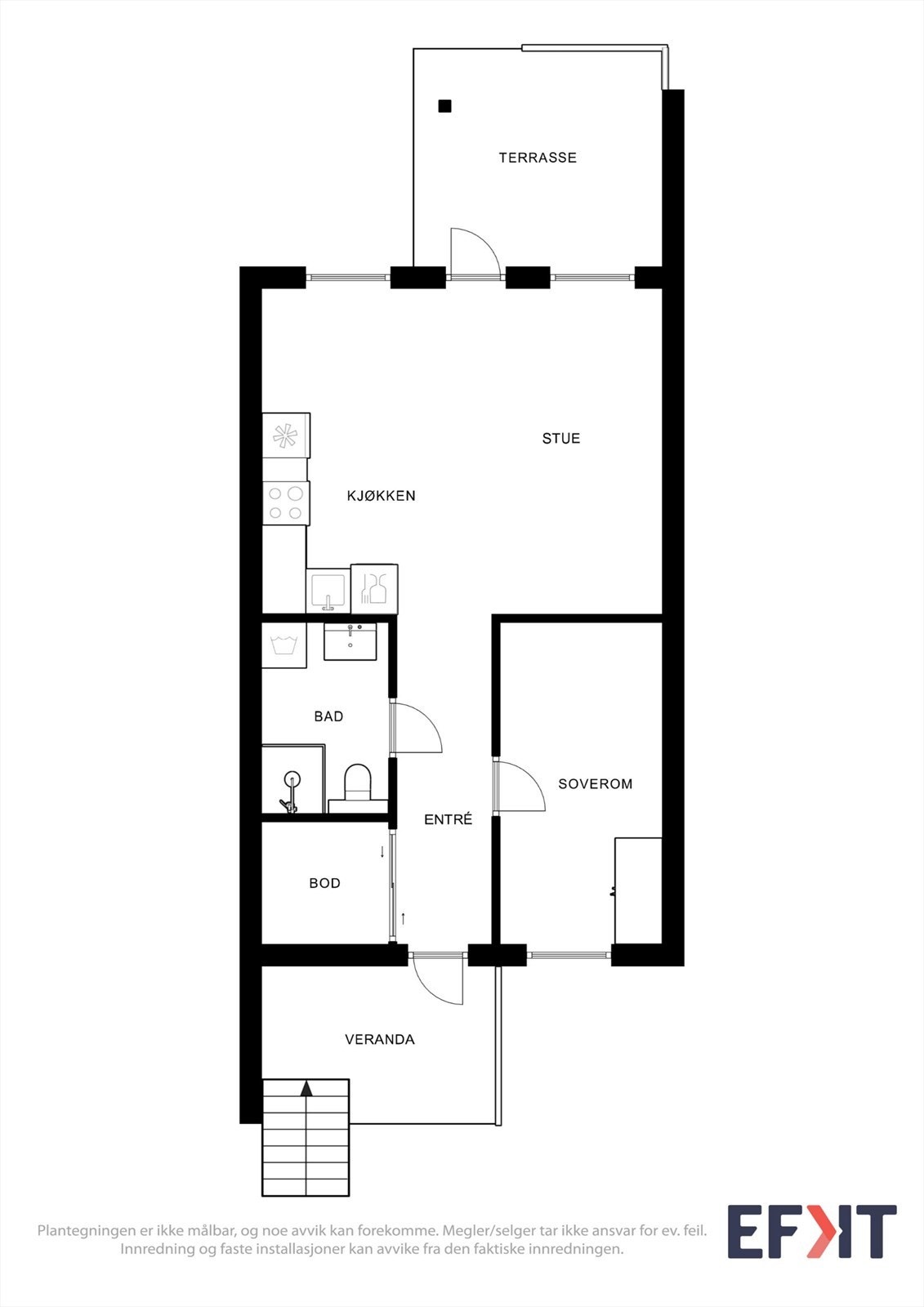 Leiligheten har en arealeffektiv planløsning med ett soverom, bad og åpen stue-kjøkkenløsning. Galleribilde