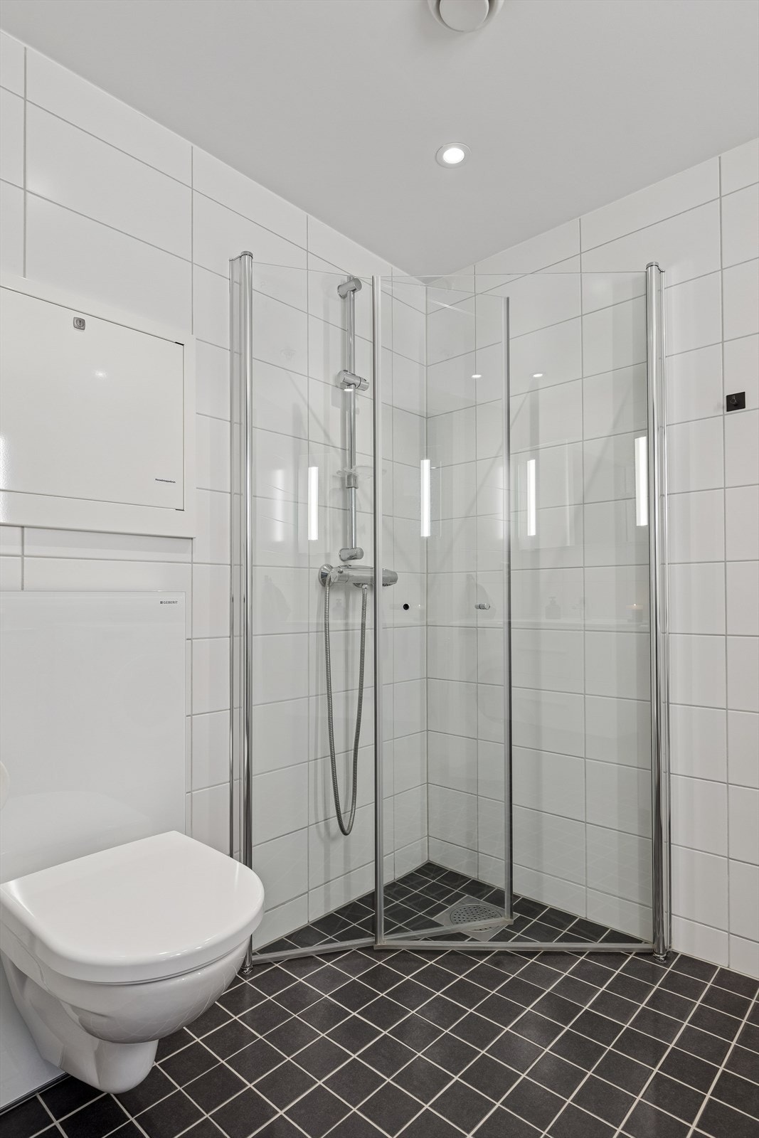 Badet har vegghengt WC og et praktisk dusjhjørne med innfellbare glassdører. Galleribilde