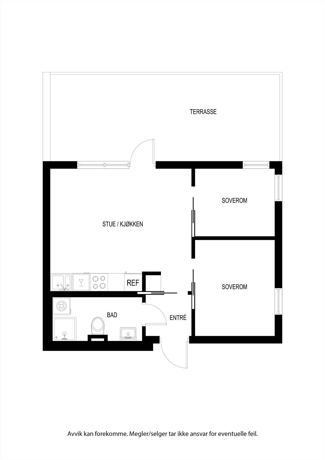 1. et.: Gang, bad, kjøkken/stue, 2 soverom og terrasse.
1.et.: 2 stk eksterne boder. Galleribilde