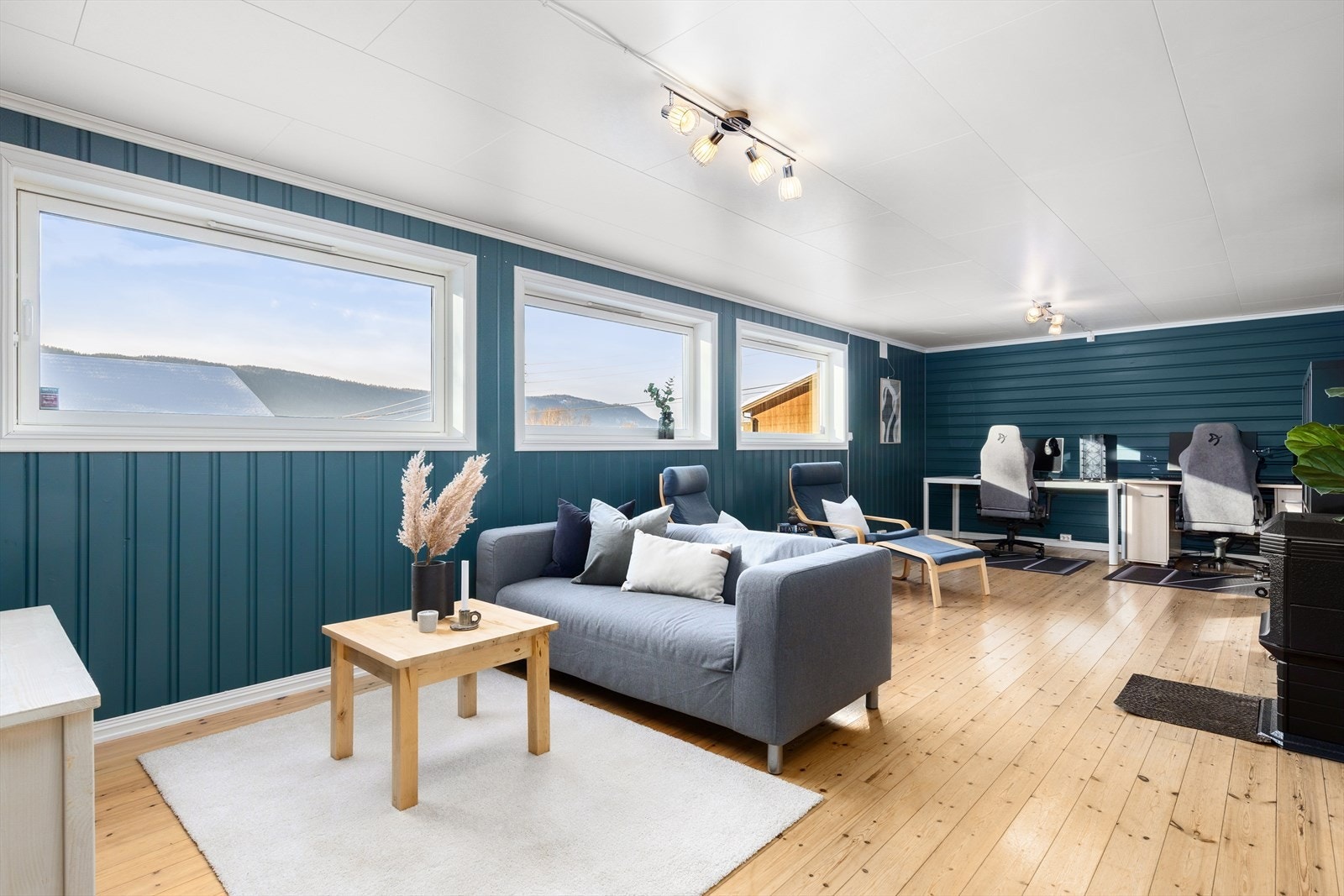 Trivelig kjellerstue med god plass for sittegruppe, kontorkrok med mer. Galleribilde