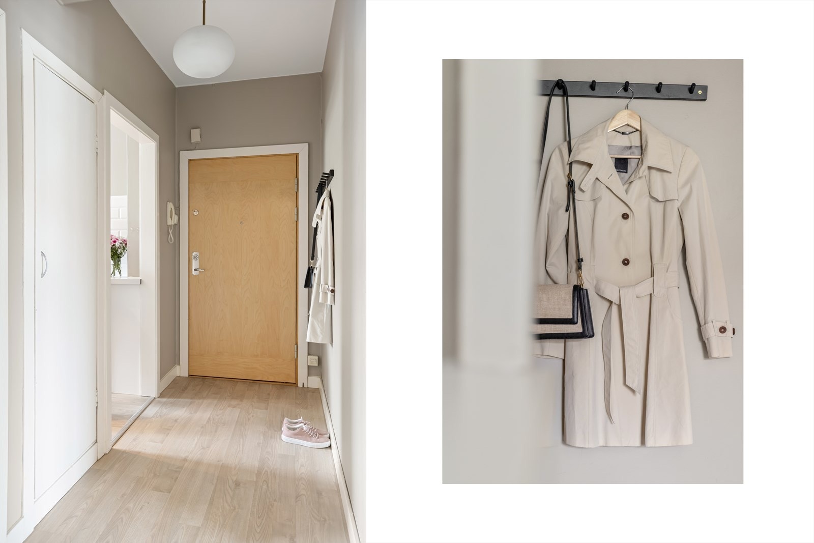 Velkommen inn! I leilighetens entré har du god plass til å henge fra deg yttertøyet og andre nødvendigheter. Galleribilde