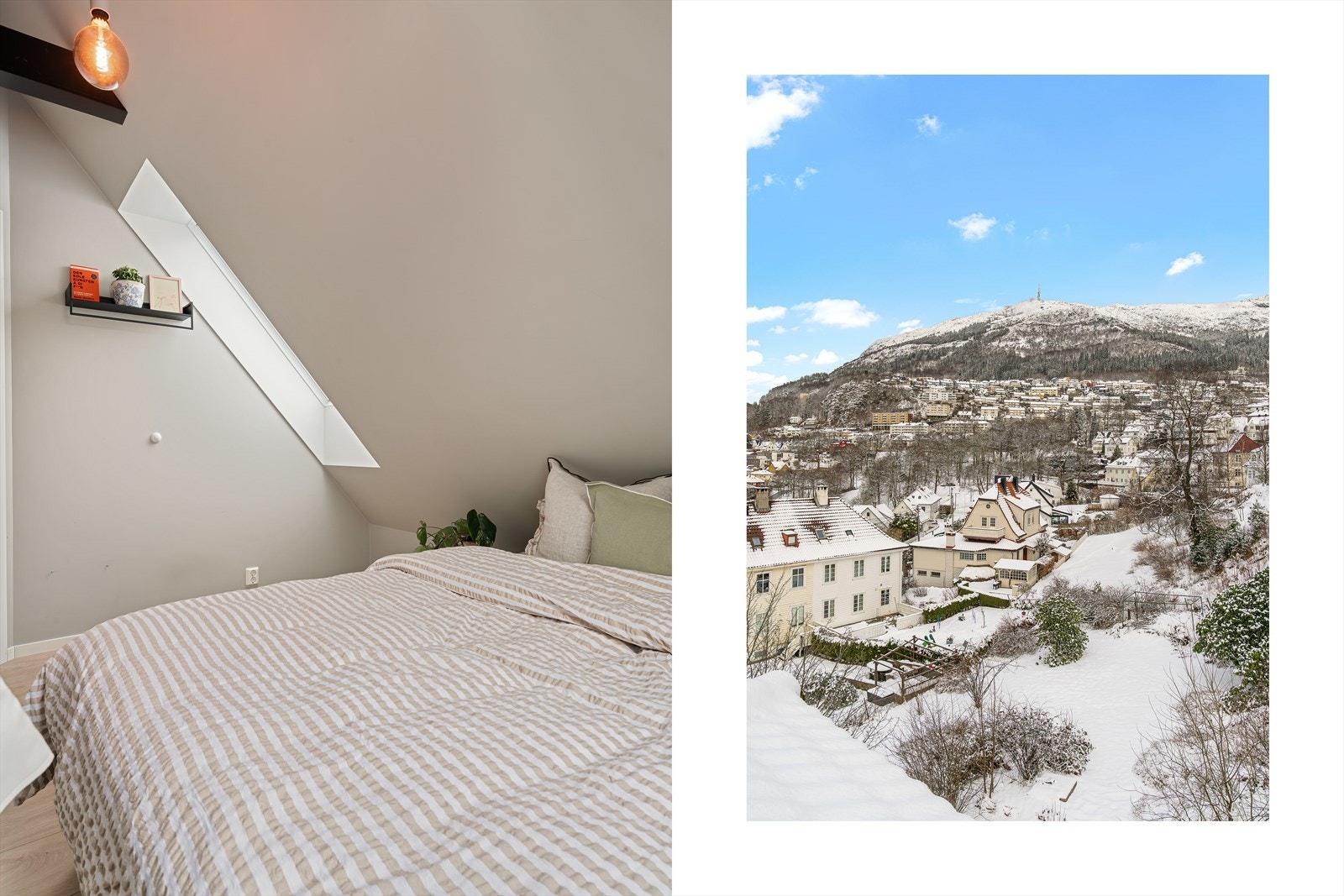 - Boligens mange vinduer byr på flere av Bergens kjente utsikter - start dagen med morgenkaffen og blikket rettet mot Ulriken fra soverommet - Galleribilde