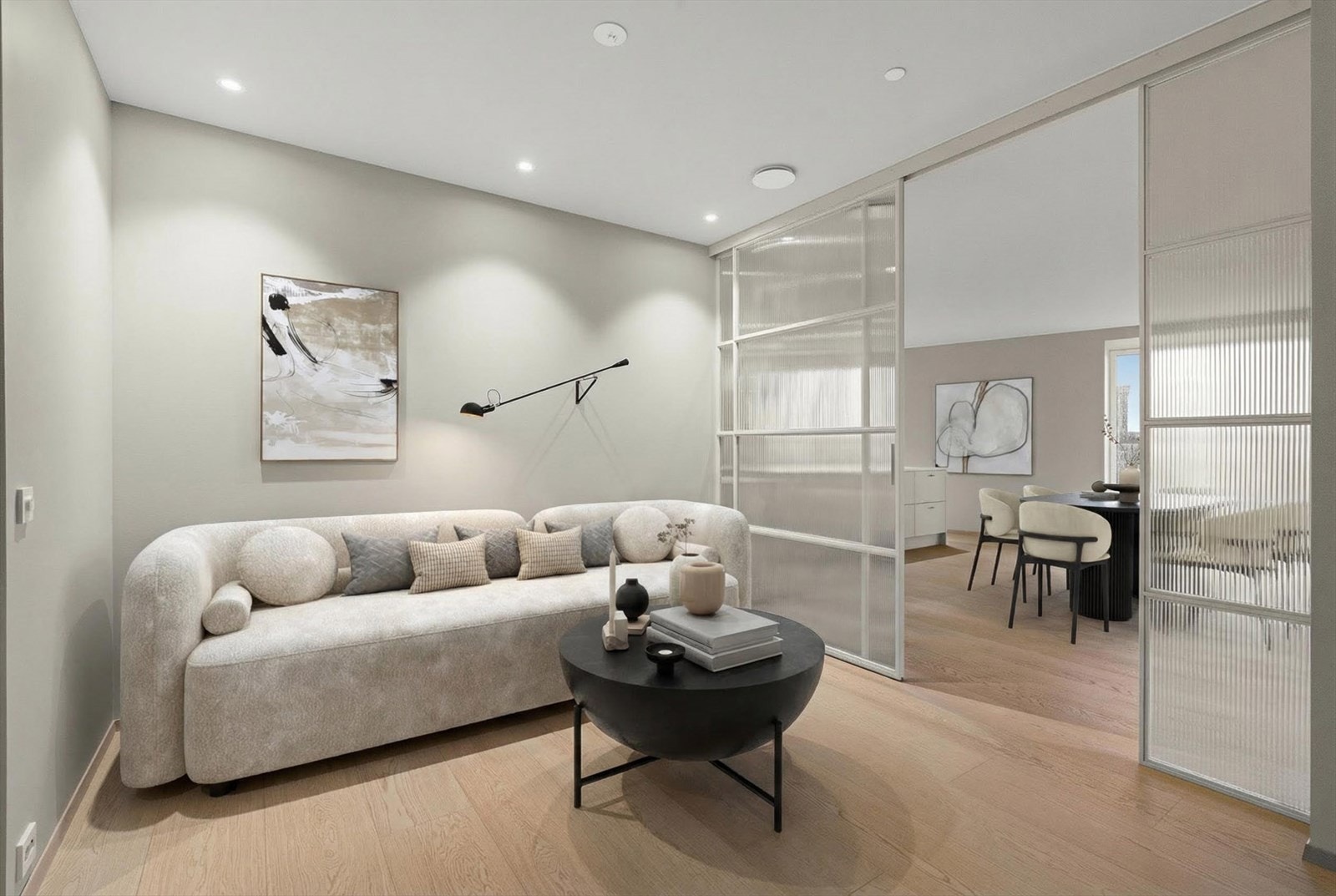 Leiligheten byr på to stuer (bildet er digitalt møblert) Galleribilde