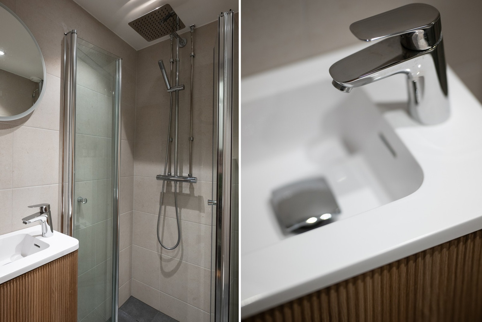 Lekkert dusjsett, innfellbare glassdører, tidsriktig servantskap, varmekabler i gulvet. Galleribilde