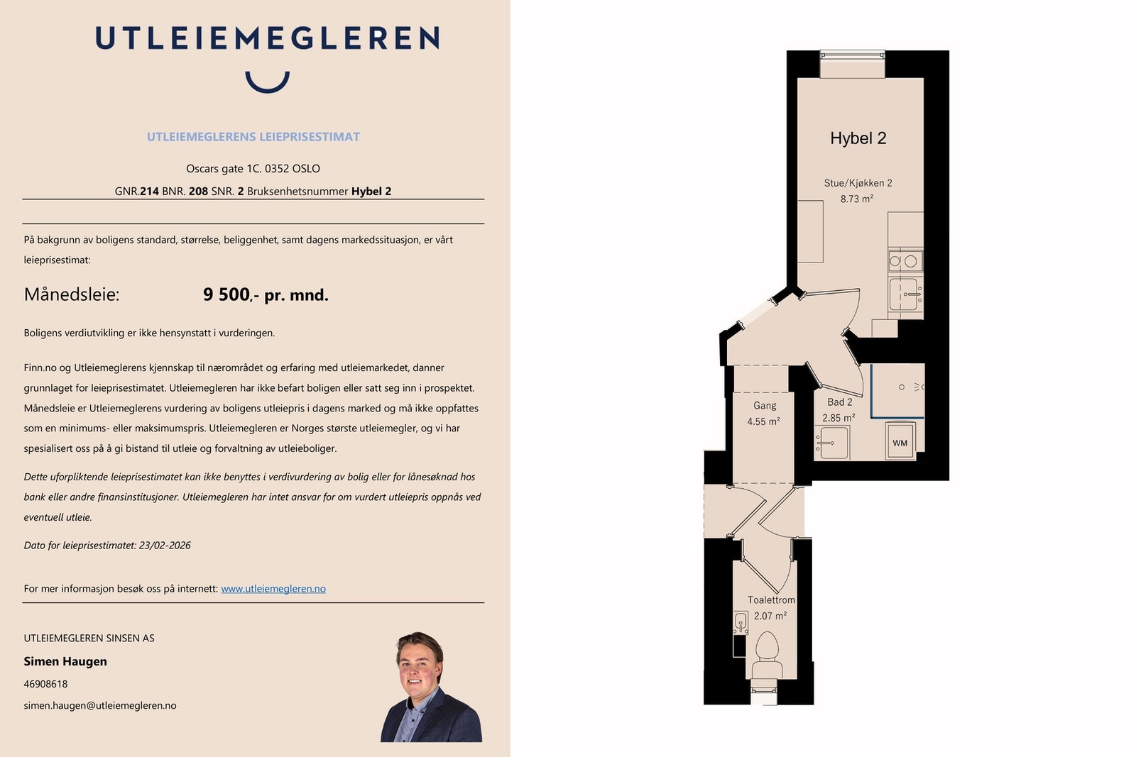 Hybel 2 med felles dusjbad og felles toalett. Se verdiestimering som PDF under fanen dokumenter i salgsoppgaven. Galleribilde