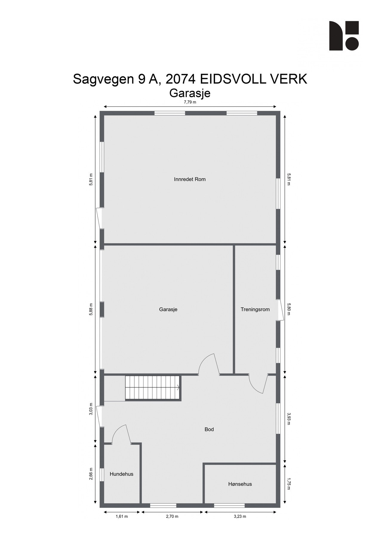 Plantegning av garasjebygg - Det gjøres oppmerksom på at ingen av rommene i garasjebygget er godkjent for varig opphold (rom for beboelse). Galleribilde