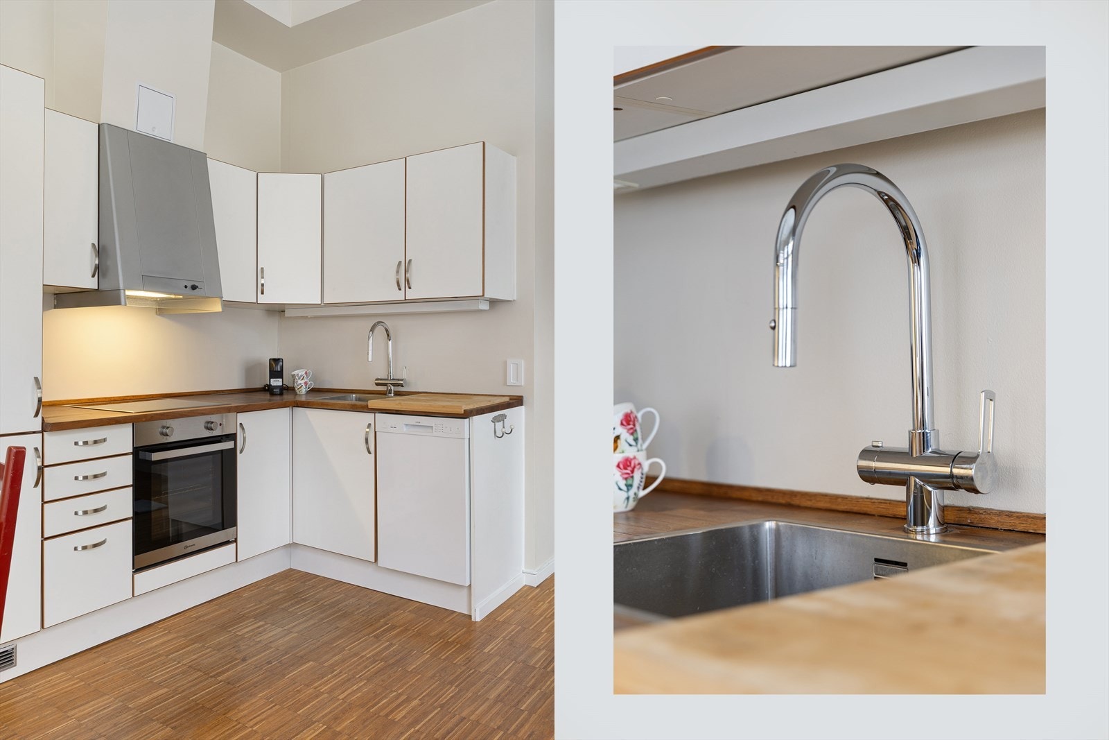 Kjøkkenet er utstyrt med flotte integrerte hvitevarer som stekeovn, platetopp, oppvaskmaskin og kjøl/fryseskap. Galleribilde