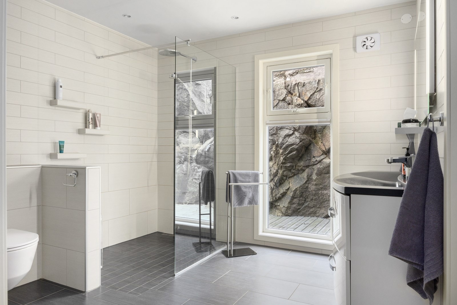 Hovedbadet har også dusjhjørne med glassvegg og vegghengt toalett Galleribilde