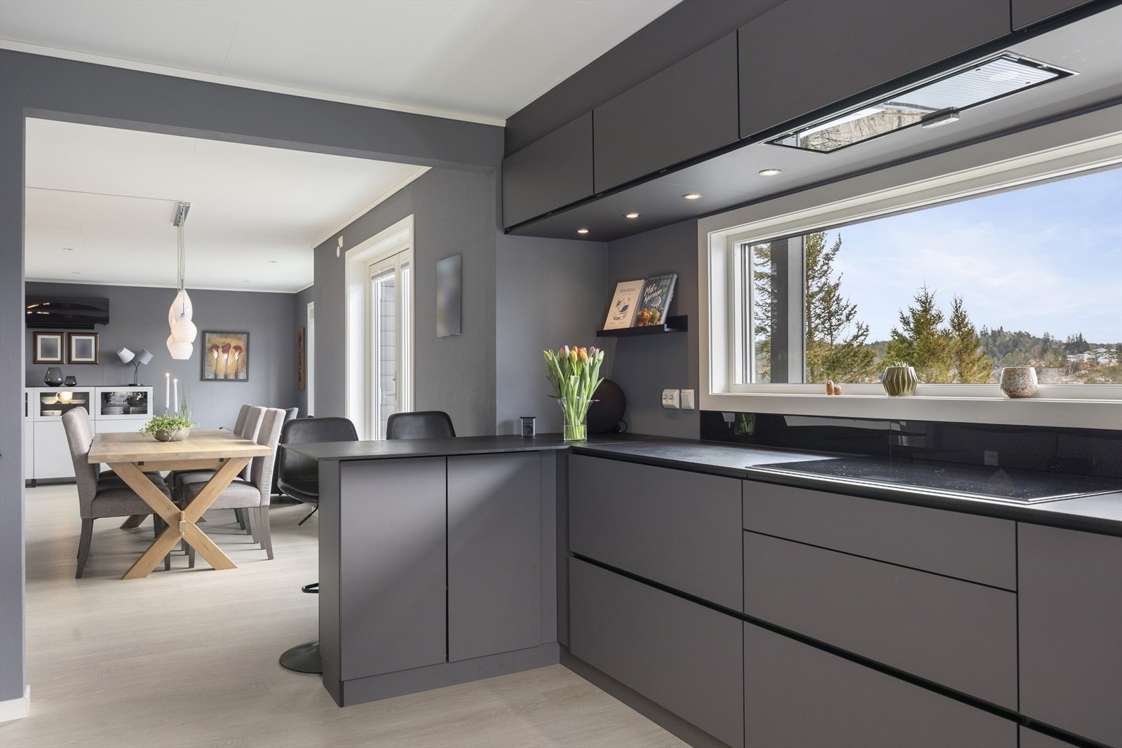 Kjøkkenet er moderne med slette fronter, integrert grep og en robust benkeplate av kompaktlaminat Galleribilde