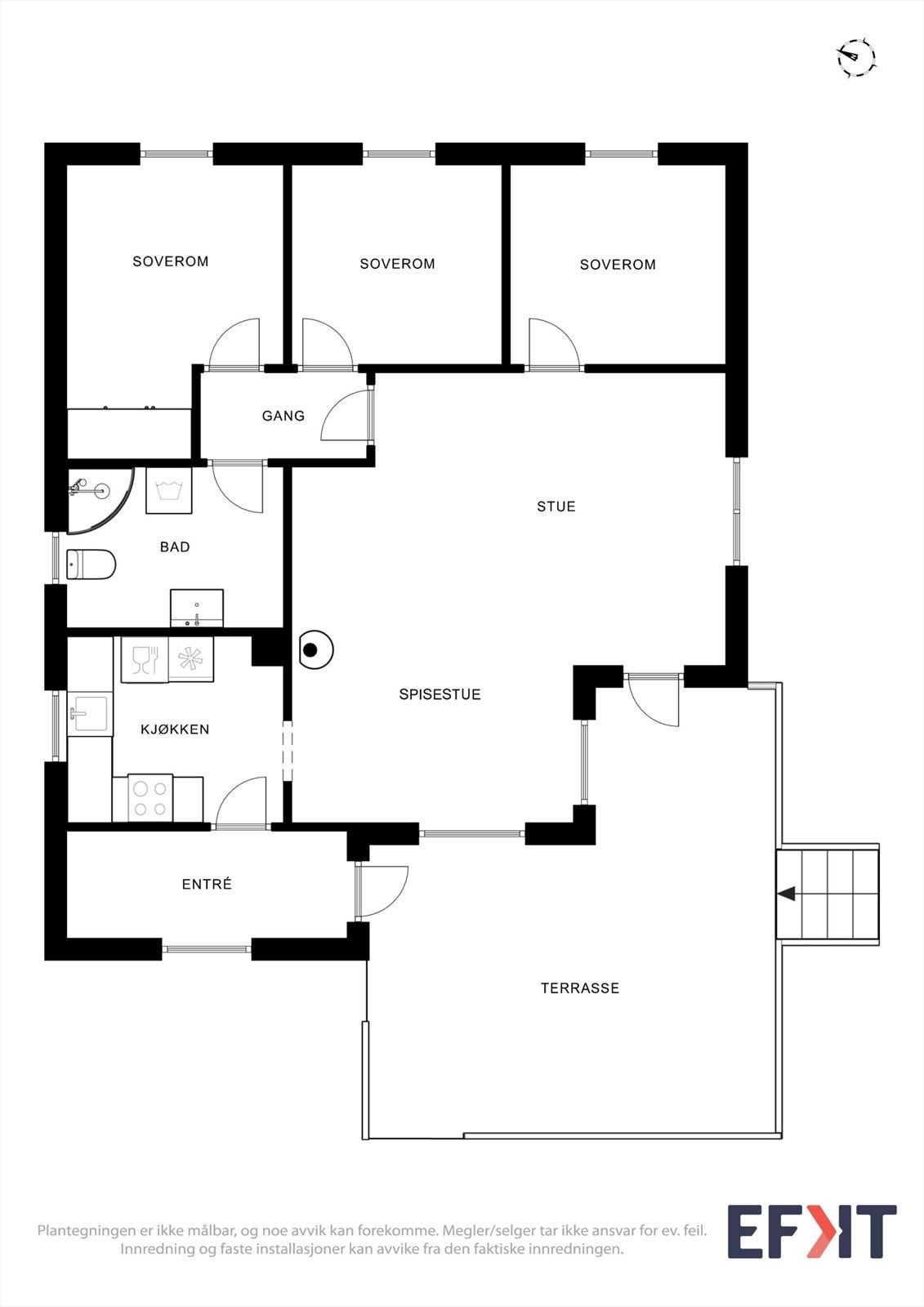 Fritidsboligen har en arealeffektiv planløsning på ett plan med stue, kjøkken, tre soverom og bad. Galleribilde