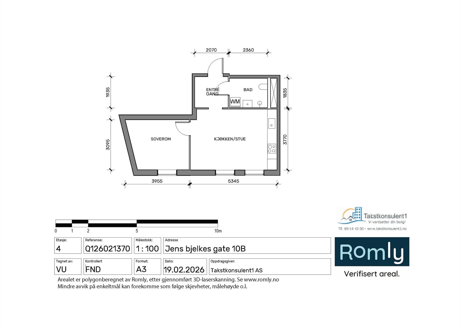 Planløsningen på 41 m² omfatter entré, bad, soverom og en åpen stue- og kjøkkenløsning. Galleribilde