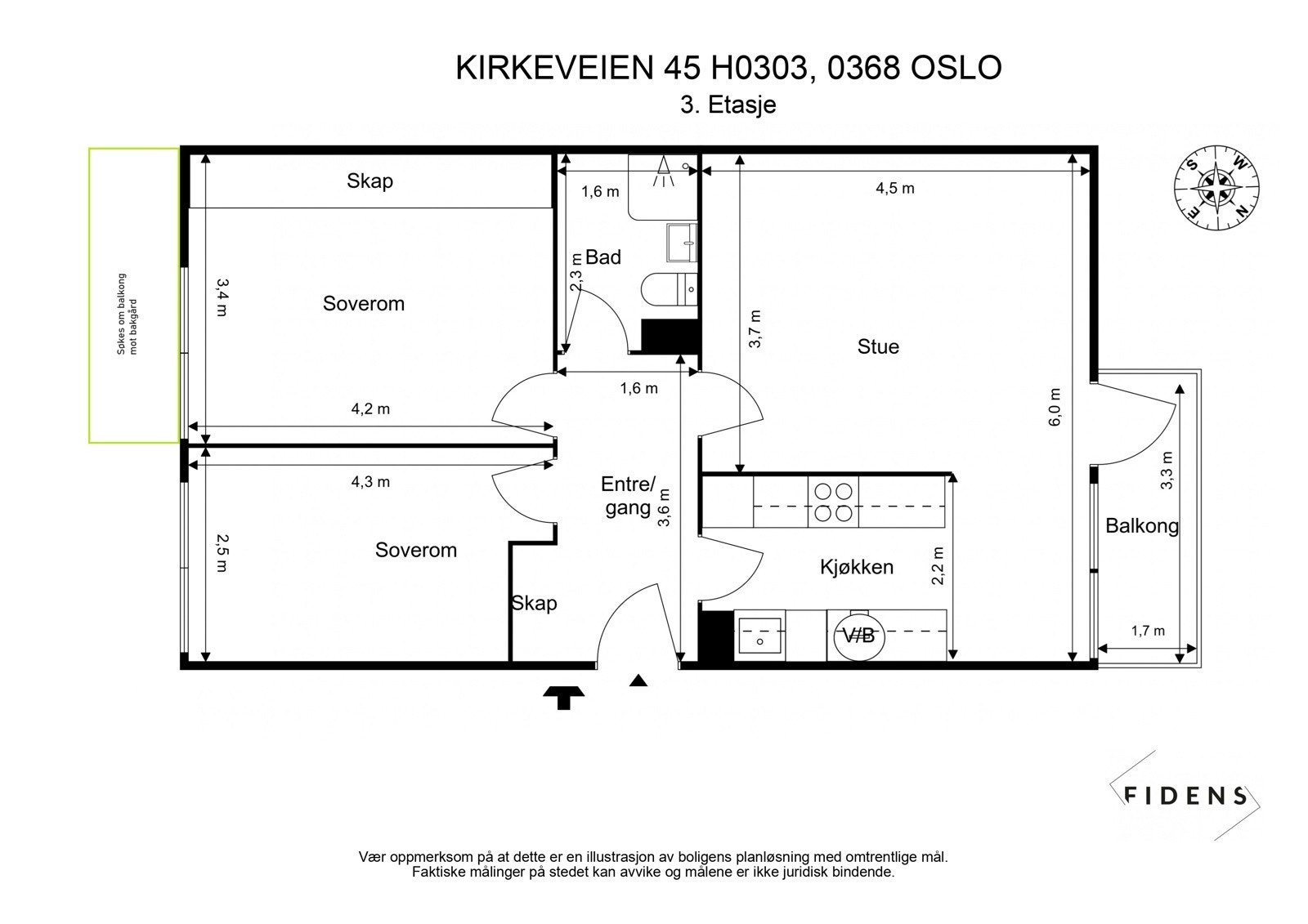 Plantegning med illustrasjon av balkongen det søkes om tillatelse til å bygge. Galleribilde