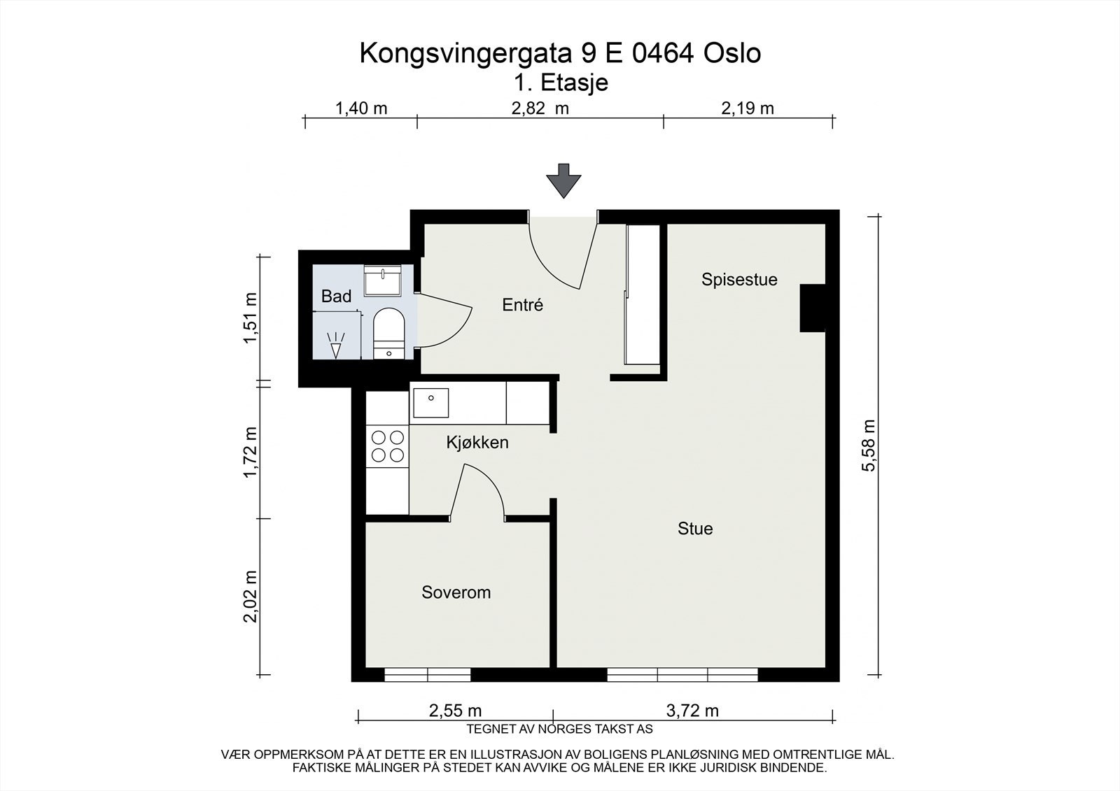 Vi starter med planløsningen slik at du får orientert deg. Leiligheten ligger i en høy 1. Etg og inneholder: entré, bad, kjøkken, soverom og stue. Det medfølger også en bod på 5kvm. Galleribilde