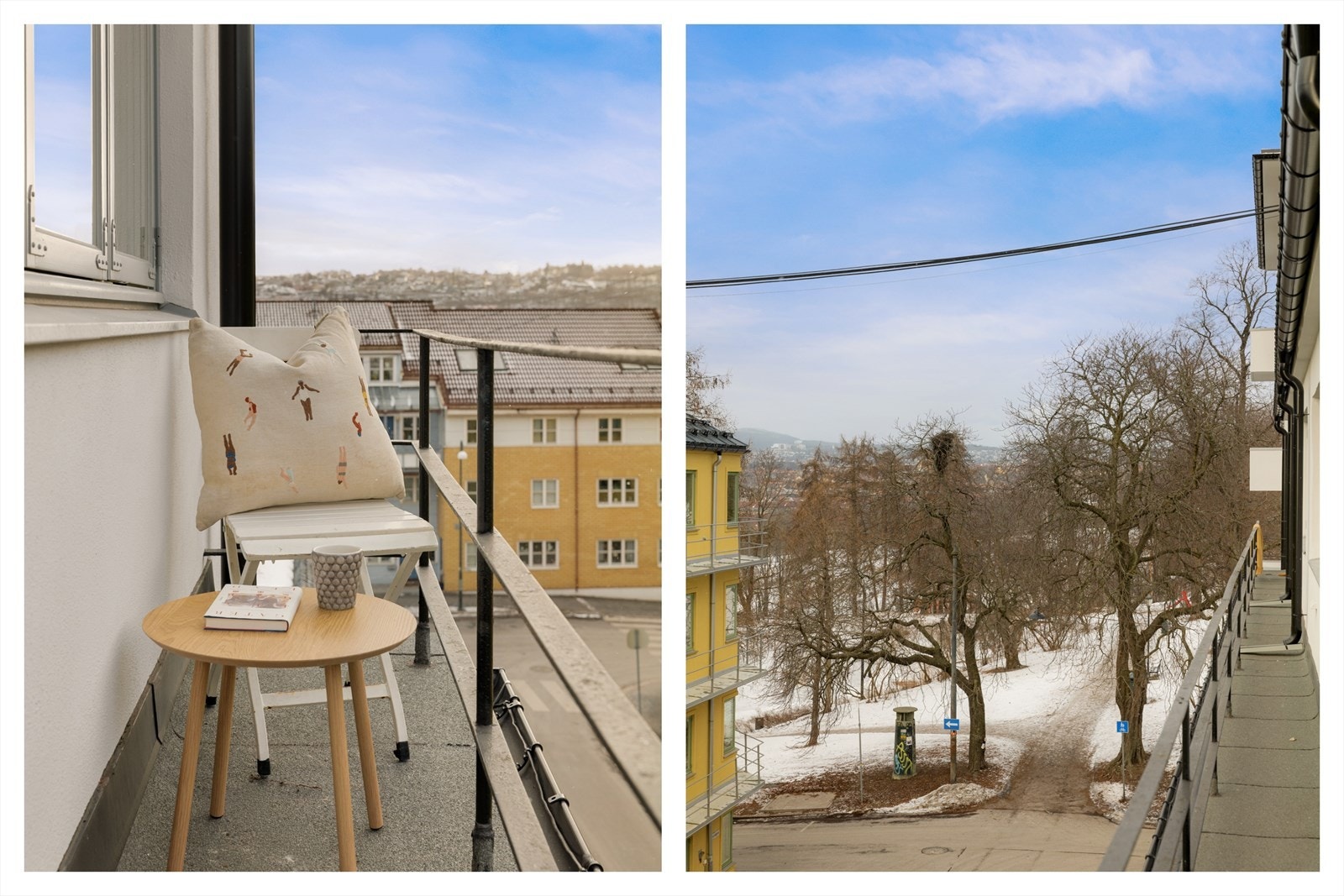 På solrike dager kan du svinge beina ut vinduet og nyte ettermiddagskaffen ute på brannbalkongen. NB! Siden dette er en brannbalkong er det ikke tillatt å ha permantente utemøbler her. Galleribilde