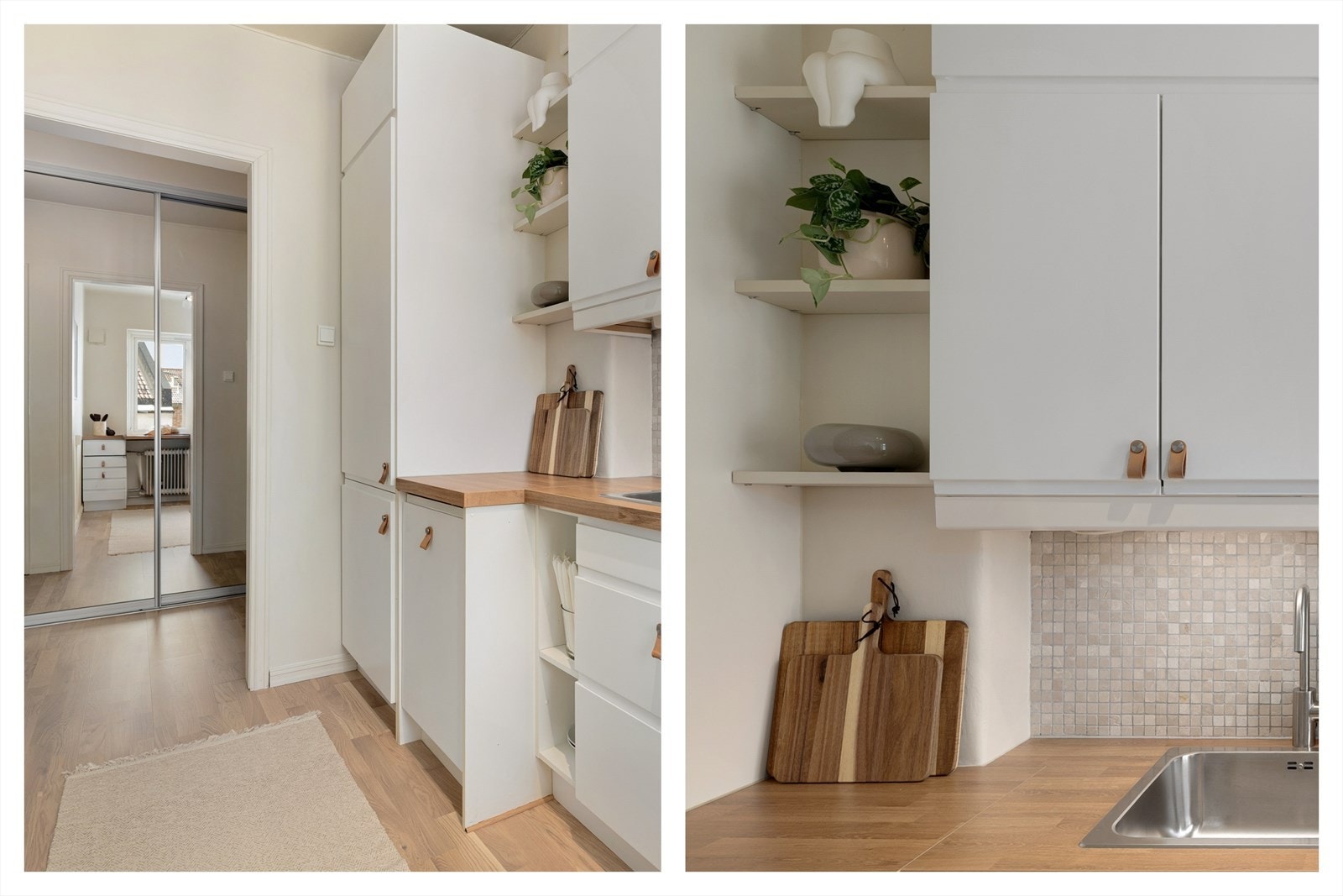 Integrert kjøl/frys, komfyr og oppvaskmaskin. De åpne hyllene er både praktisk og dekorativ oppbevaringsplass. Galleribilde