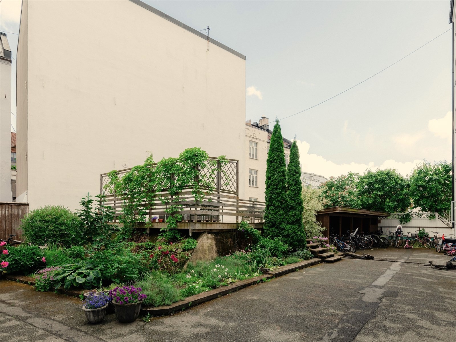 Aksjelaget har en hyggelig, avlukket bakgård med beplantning, sykkelparkering og treplatting. Galleribilde