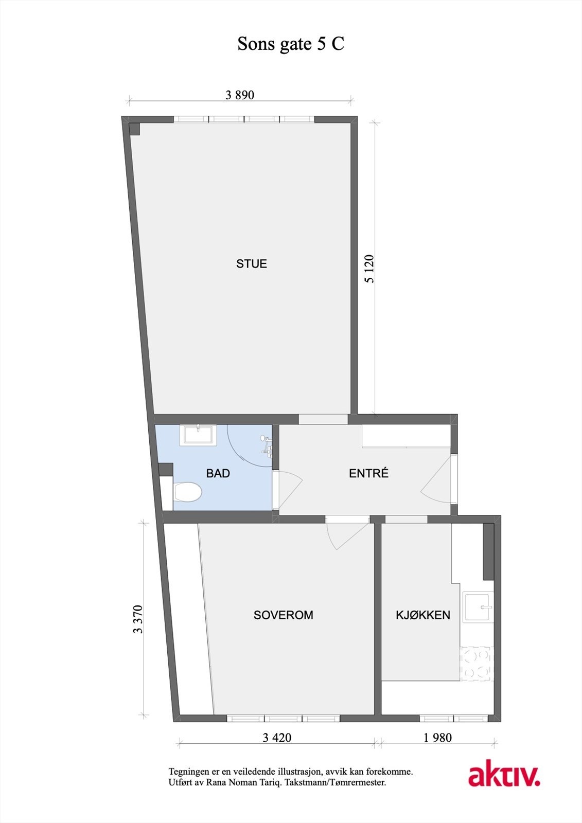 Planskisse. Leiligheten disponerer en bod på ca. 5 kvm, merket "4". Galleribilde