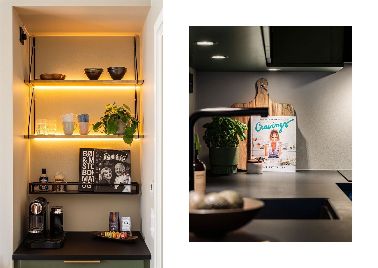 Mellom stue og kjøkken er det etablert en stilren kaffestasjon i samme materialutførelse som kjøkkenet fra JKE, med praktiske hyller og stemningsskapende LED-belysning. Galleribilde