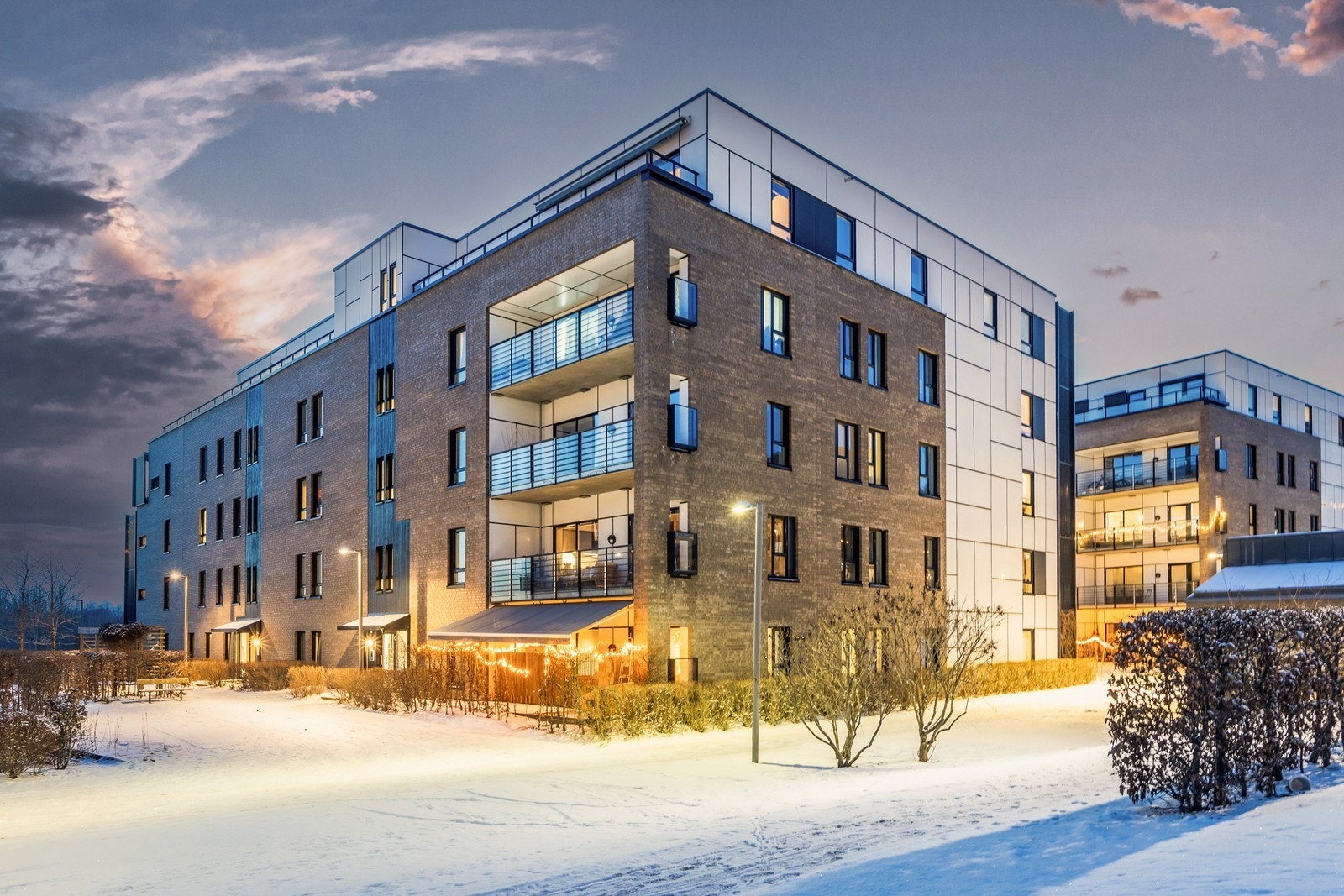 Sameiet i Eva Nansens vei har pene ryddige fellesarealer og gjennomtenkt opparbeidet med internveier og beplantning. Galleribilde