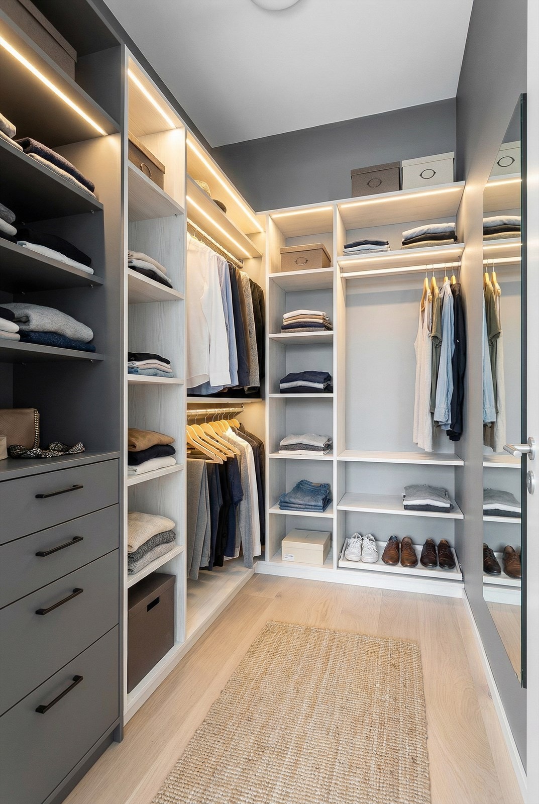 Walk in garderobe i tilknytning til hovedsoverom. Bildet er digitalt stylet, det er ikke montert garderobe i rommet Galleribilde