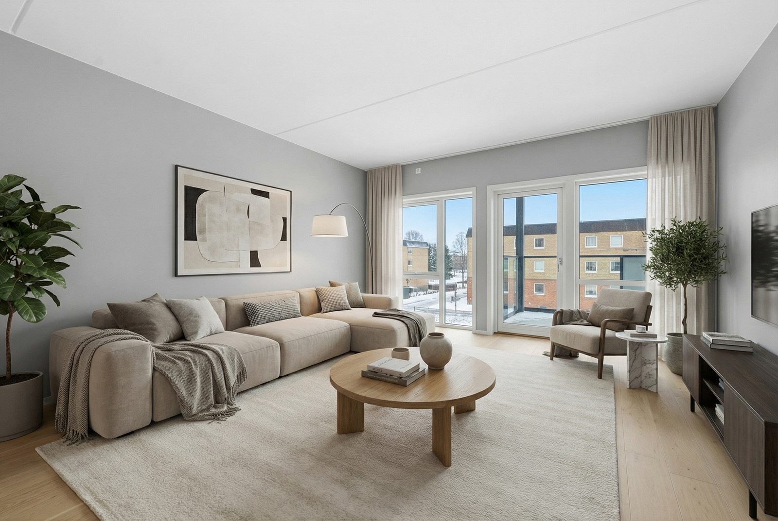 Stue med åpen løsning mot kjøkken. Bildet er digitalt stylet. Galleribilde