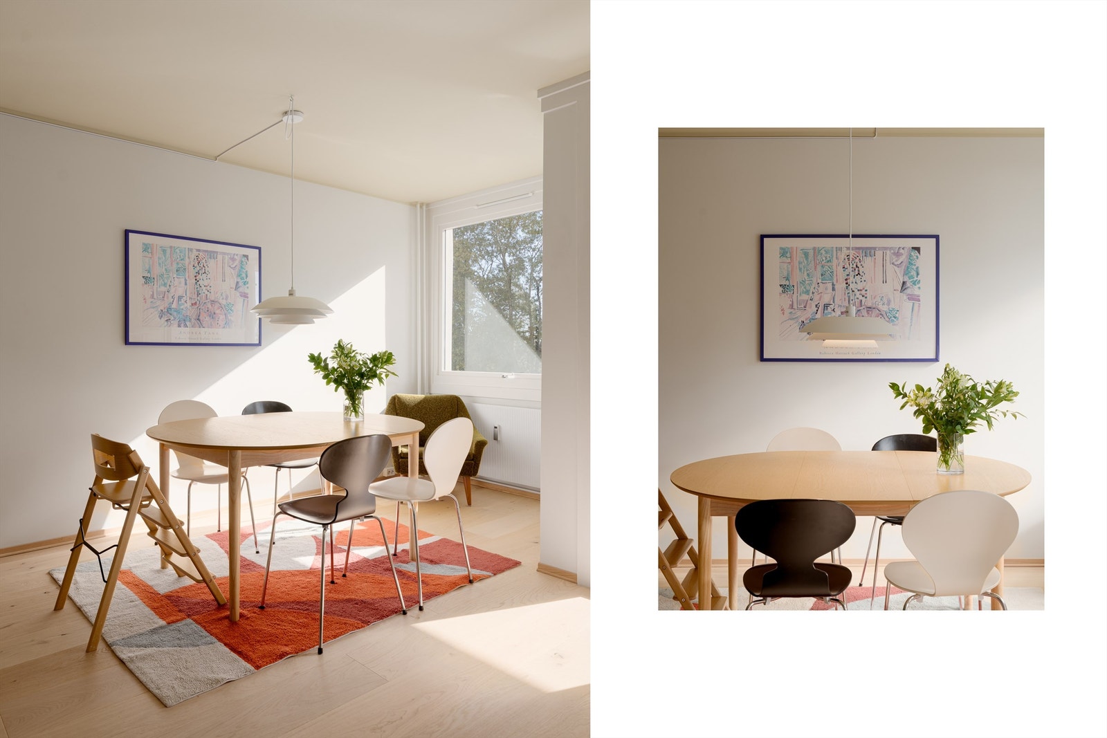 Den karakteristiske 50-tallsarkitekturen, med den fremskutte stuen, gir en leilighet som bader i naturlig lys fra flere kanter. Perfekte rammer for spiseplassen! Galleribilde